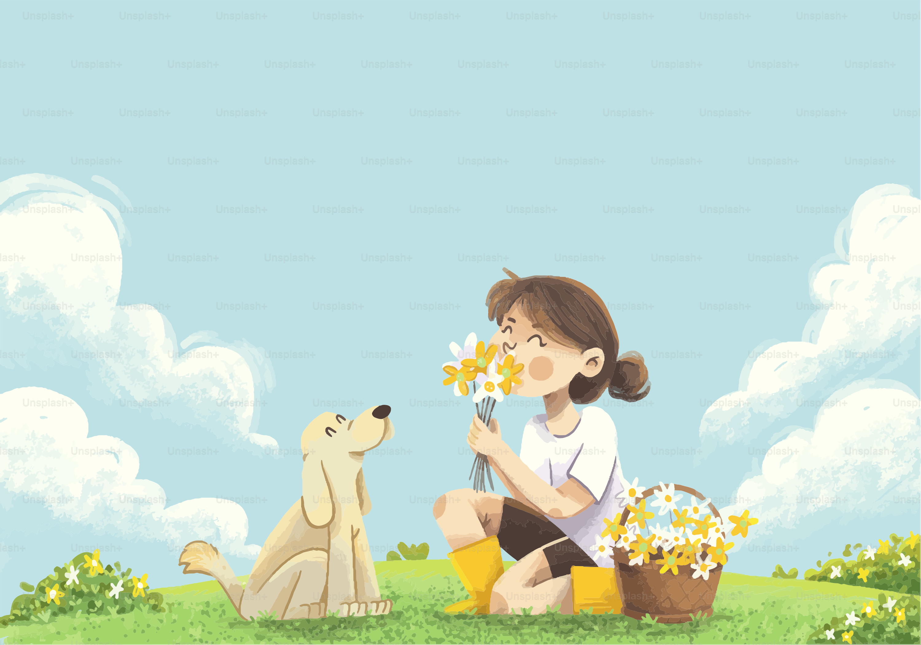 Ragazza che annusa i fiori con un cane accanto