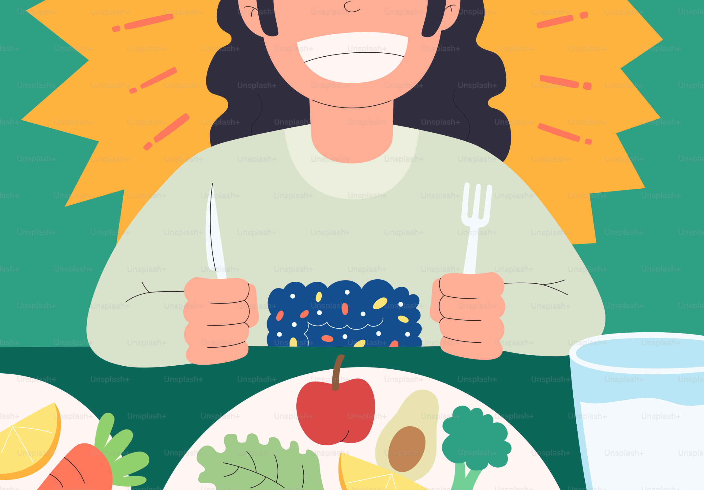 Persona che mangia felicemente un pasto sano con frutta e forchetta.