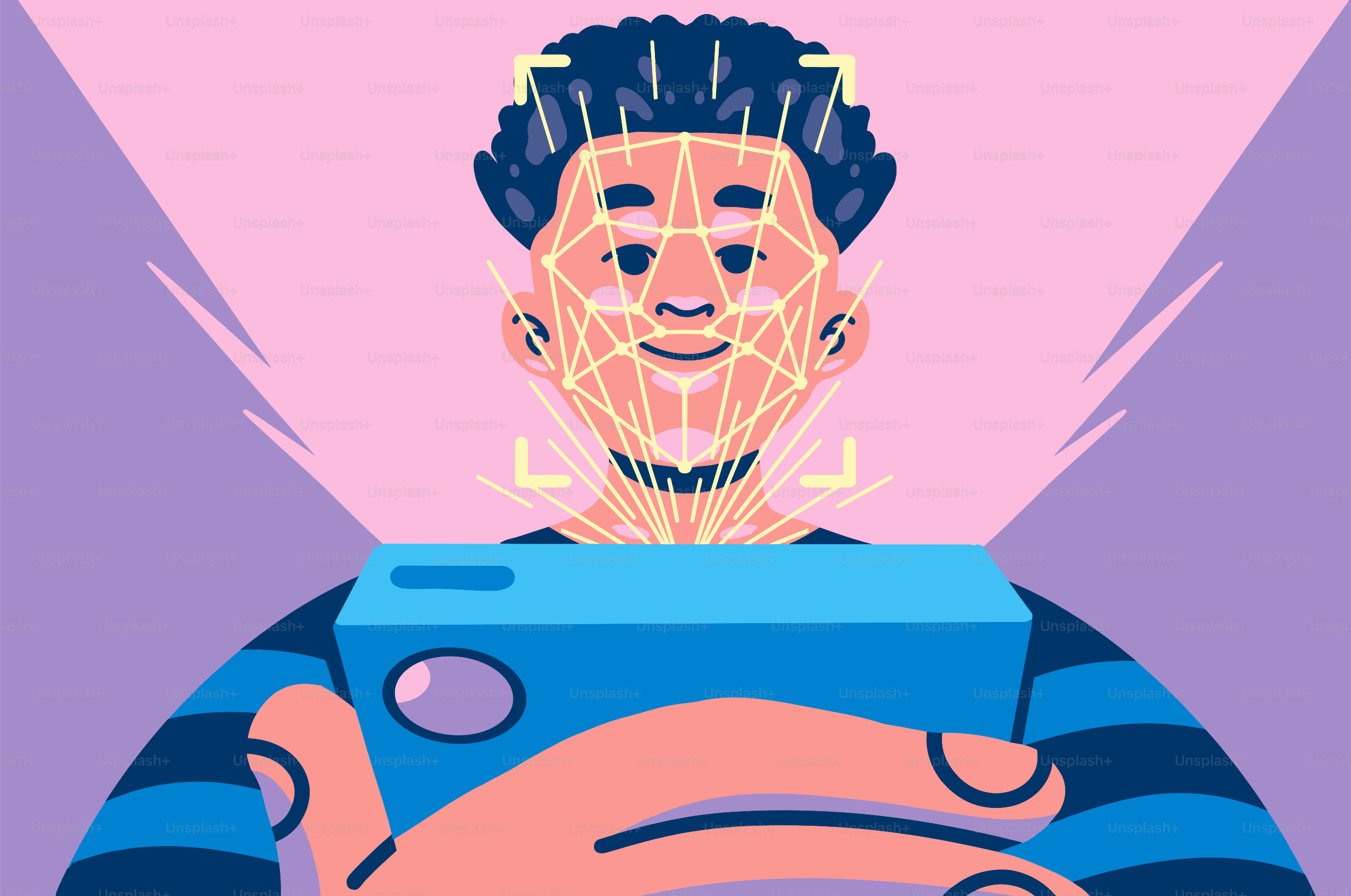 Uomo che usa uno smartphone per la tecnologia di riconoscimento facciale