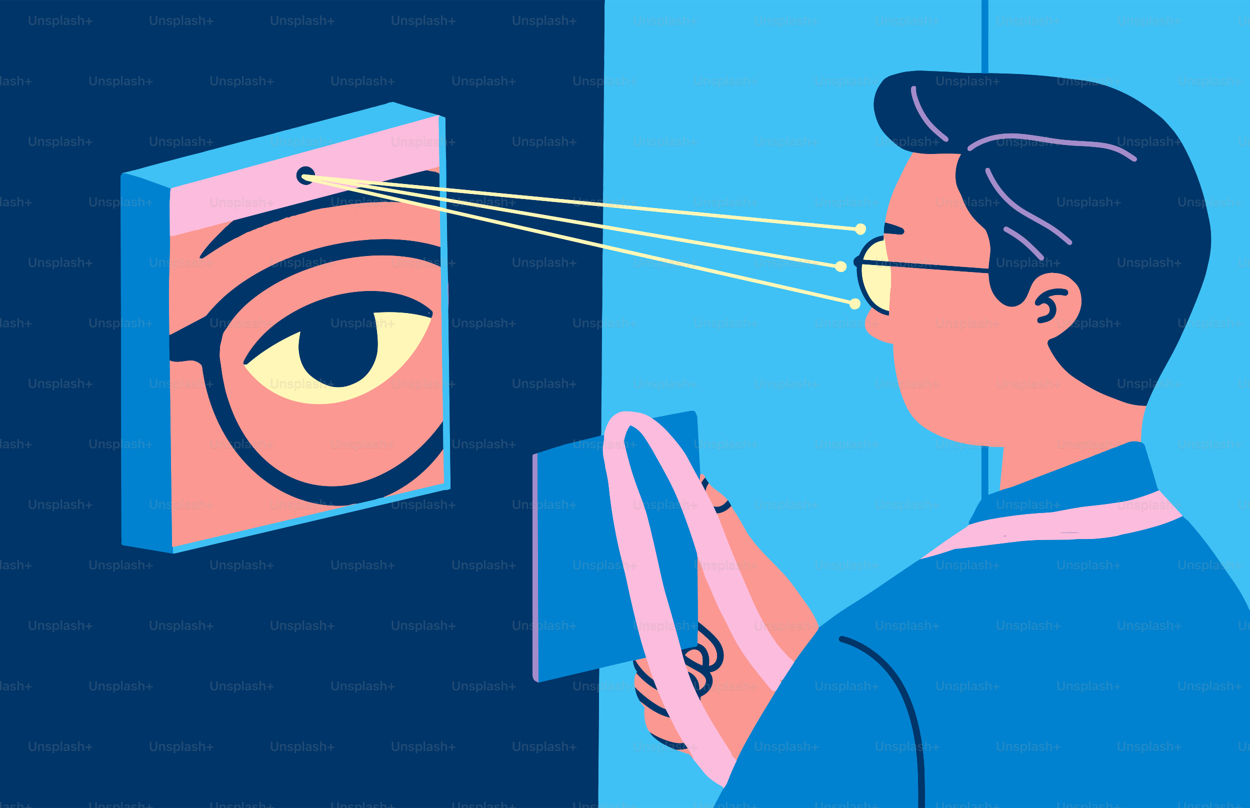 Man looking at a digital screen displaying an eye.