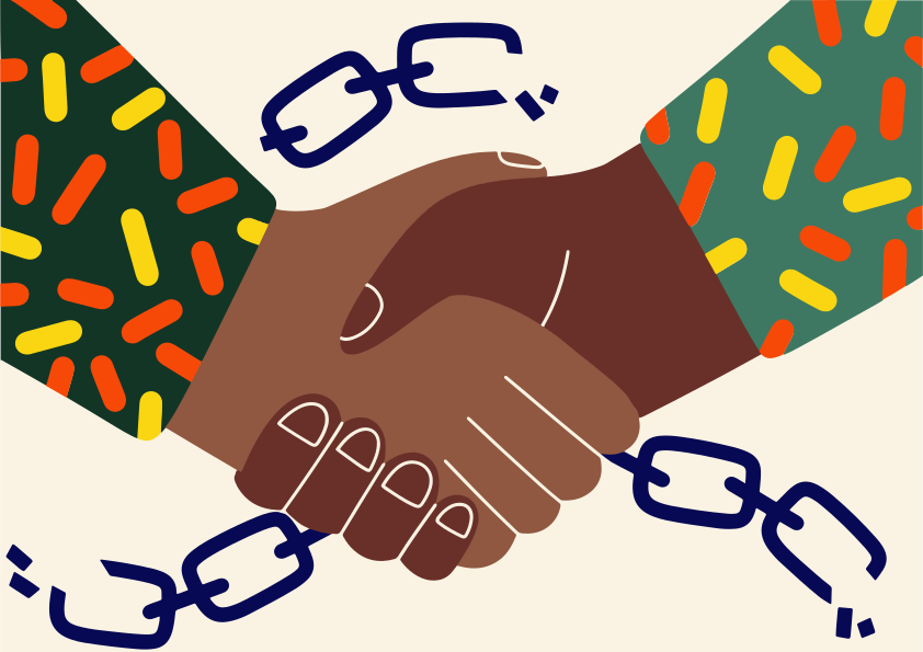Two hands shaking with broken chains