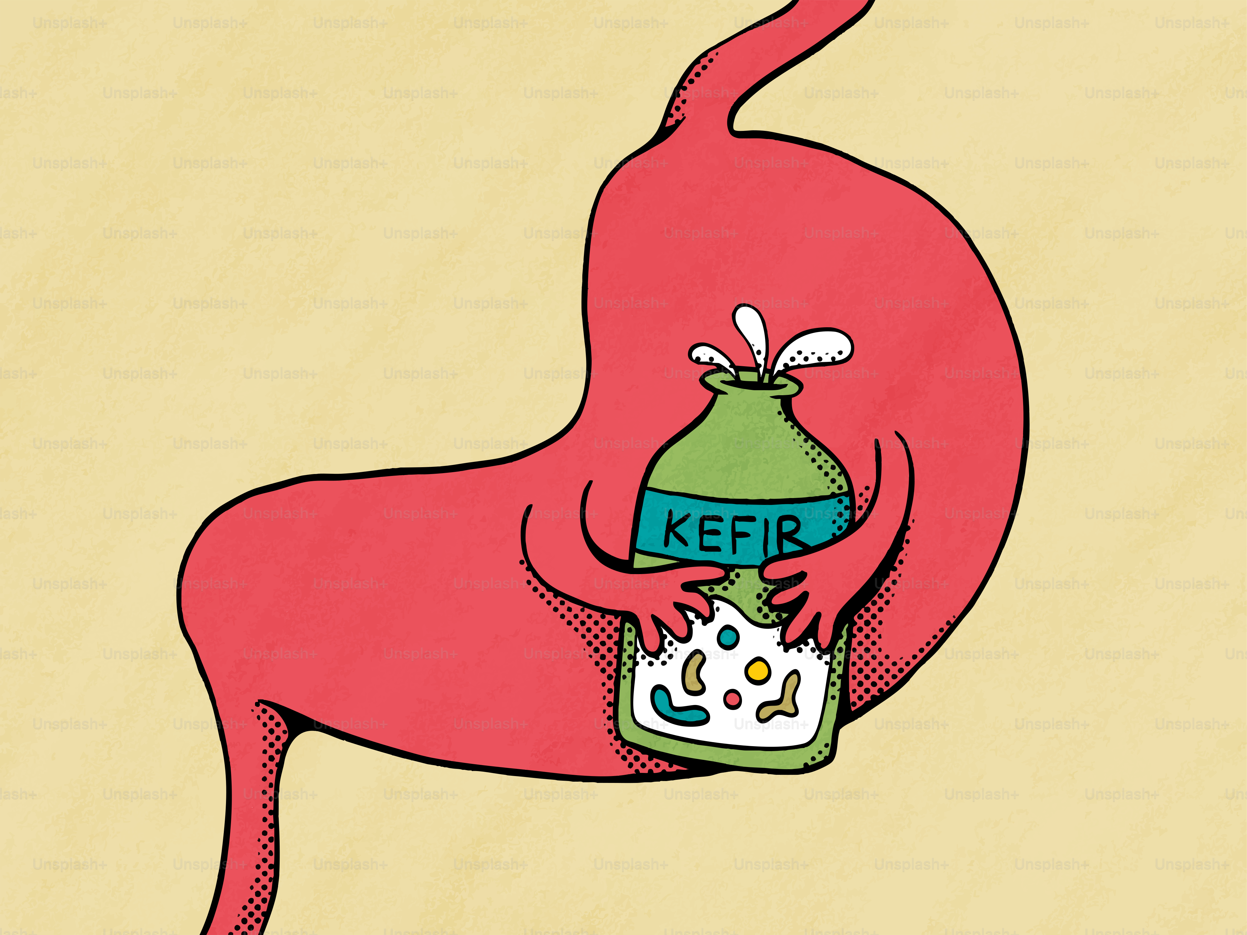 Perut memegang sebotol kefir dengan probiotik.