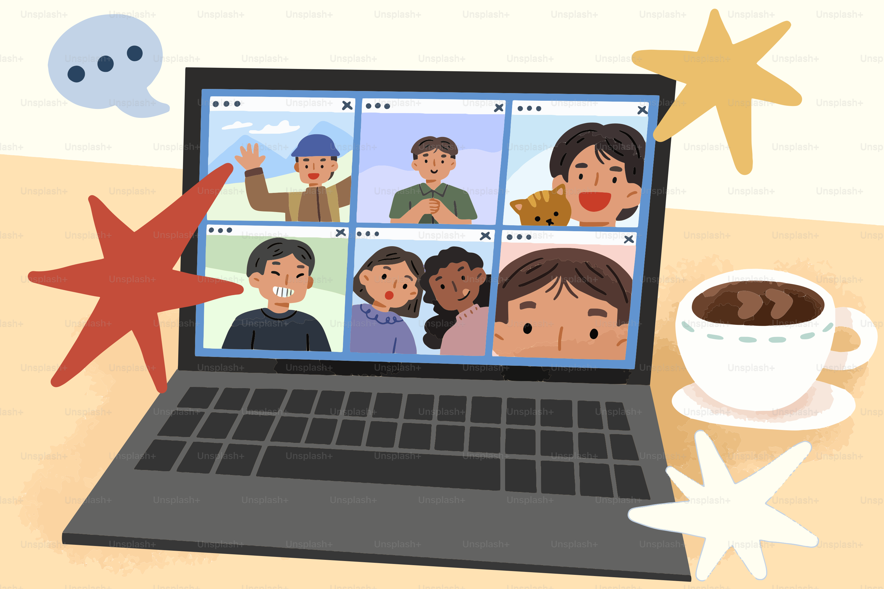 Persone che fanno una videochiamata su un laptop con un caffè