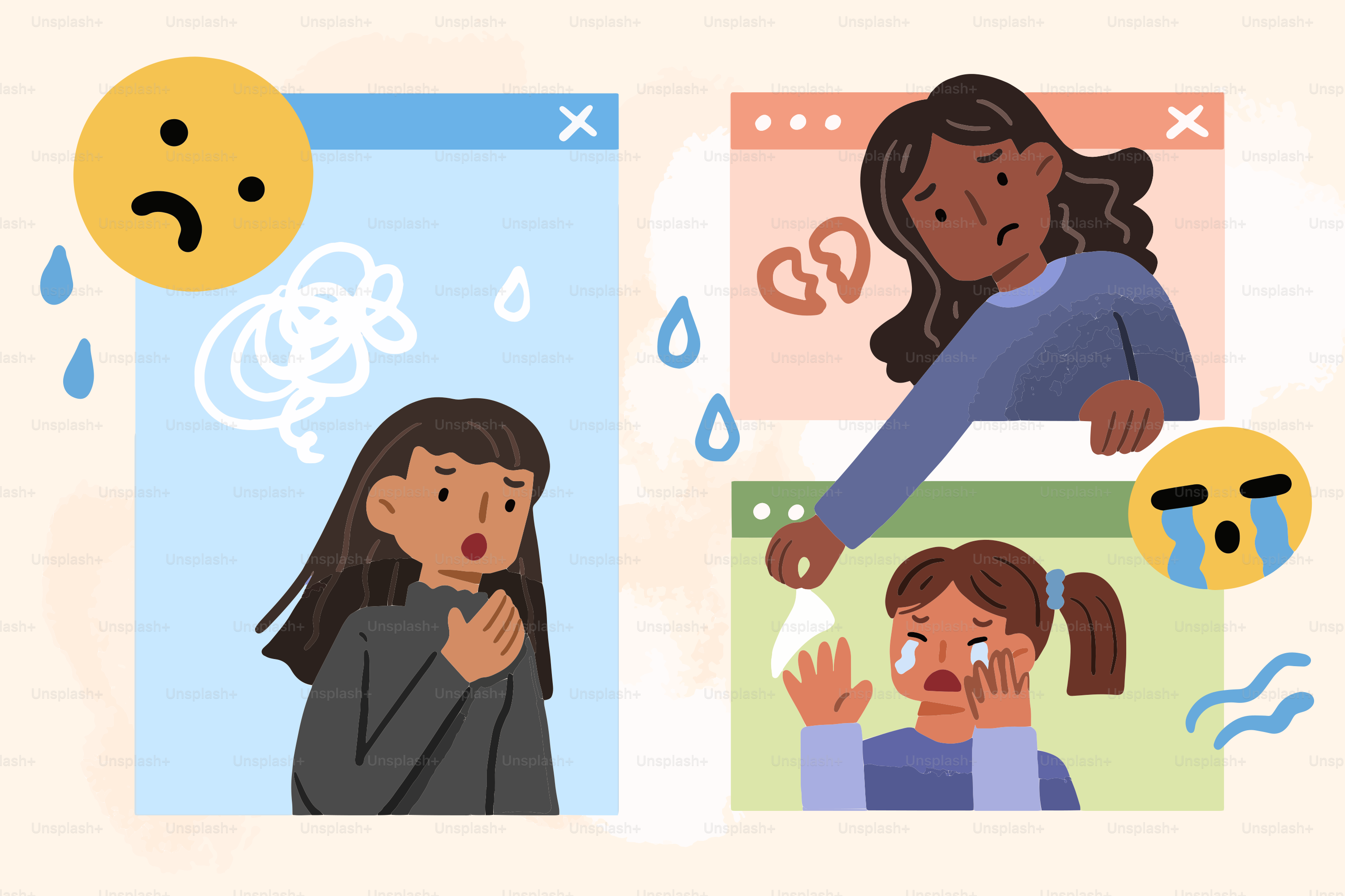 Two girls experiencing emotional distress online.
