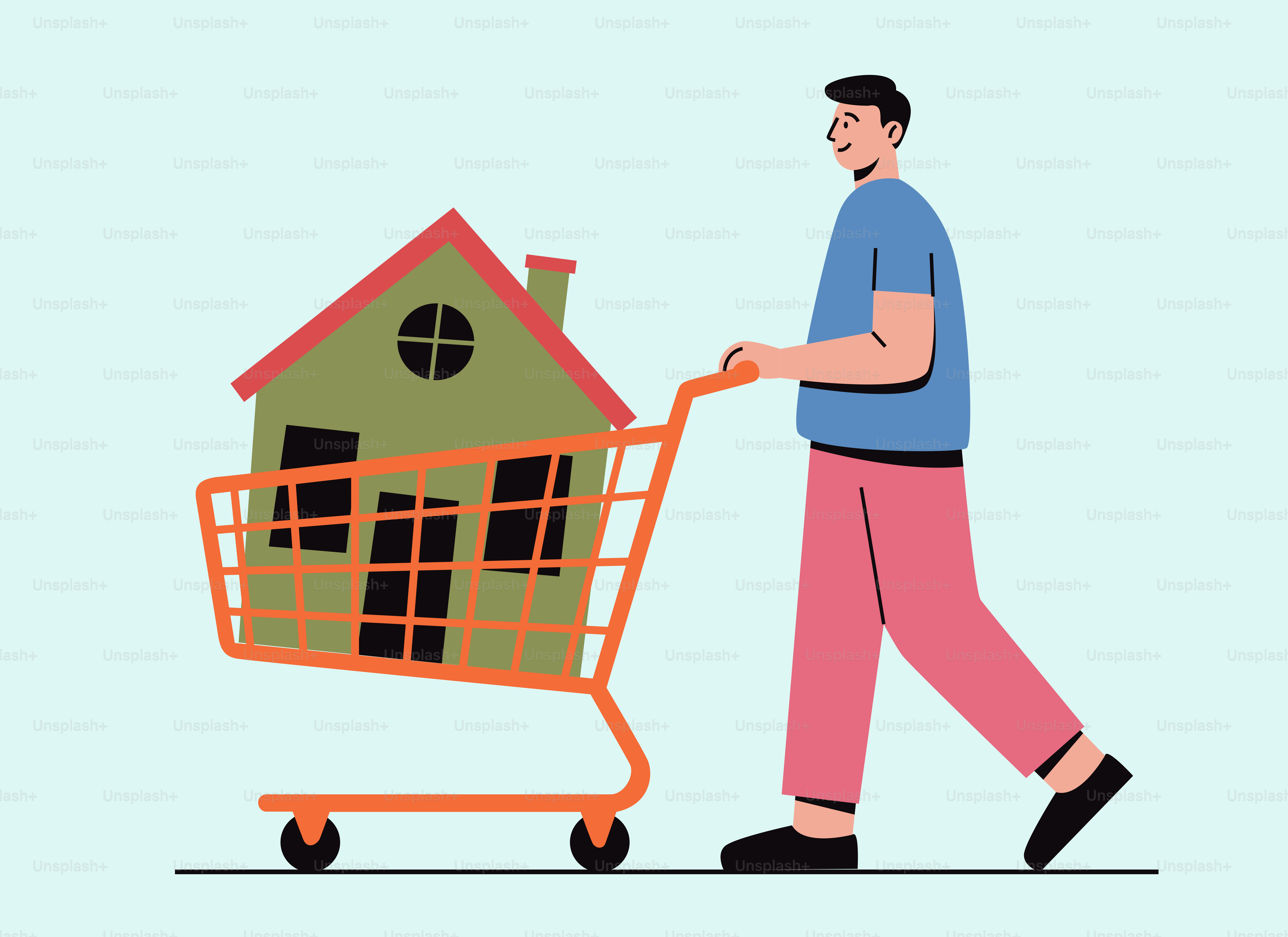 Pria mendorong keranjang belanja dengan rumah di dalamnya.