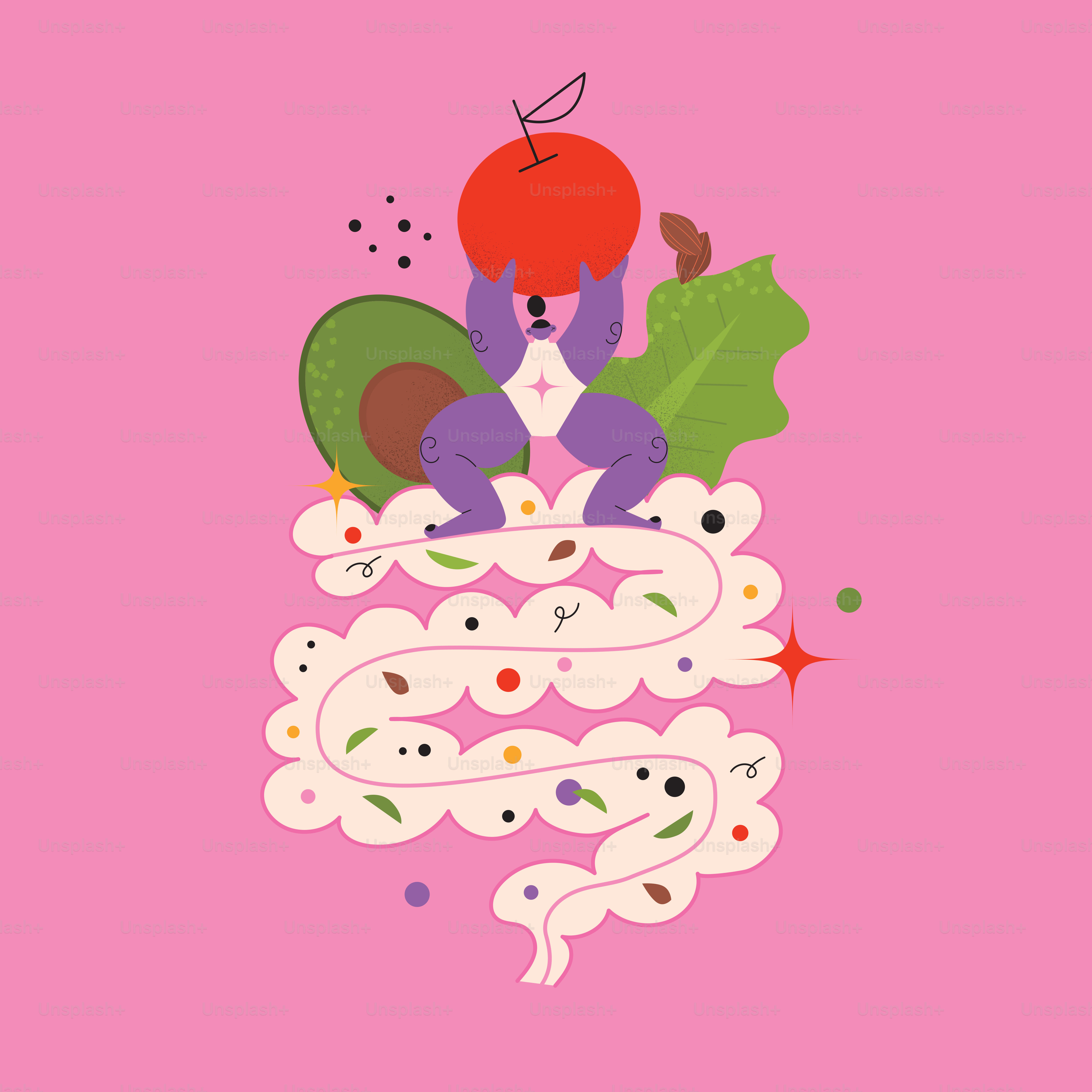 Une personne qui élève une pomme au-dessus de l’intestin sain avec des fruits et légumes