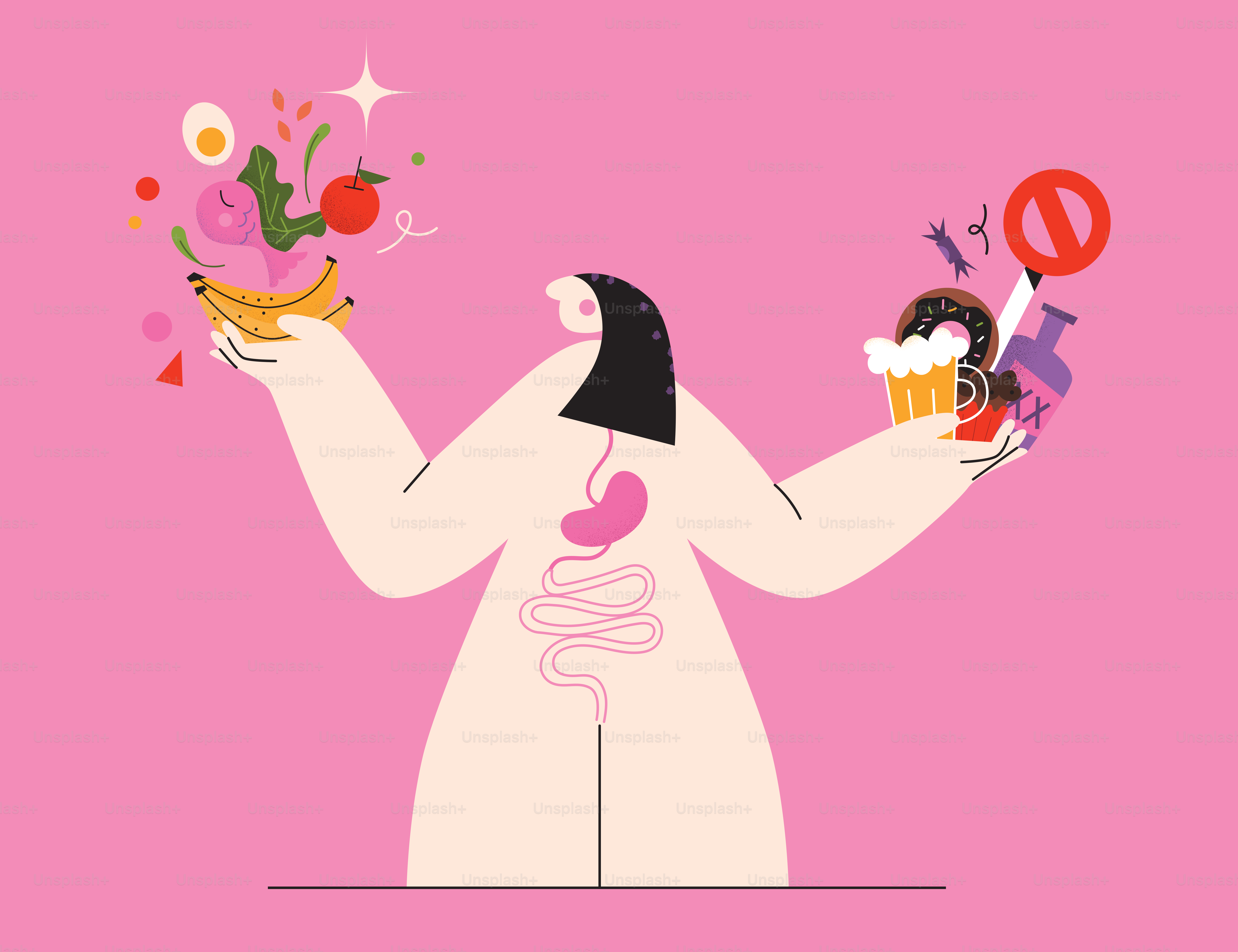 Personne qui équilibre alimentation saine et friandises malsaines