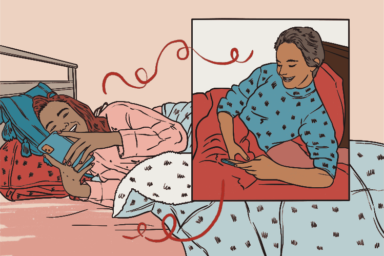 Two people connecting online through video call. vector – Technology ...