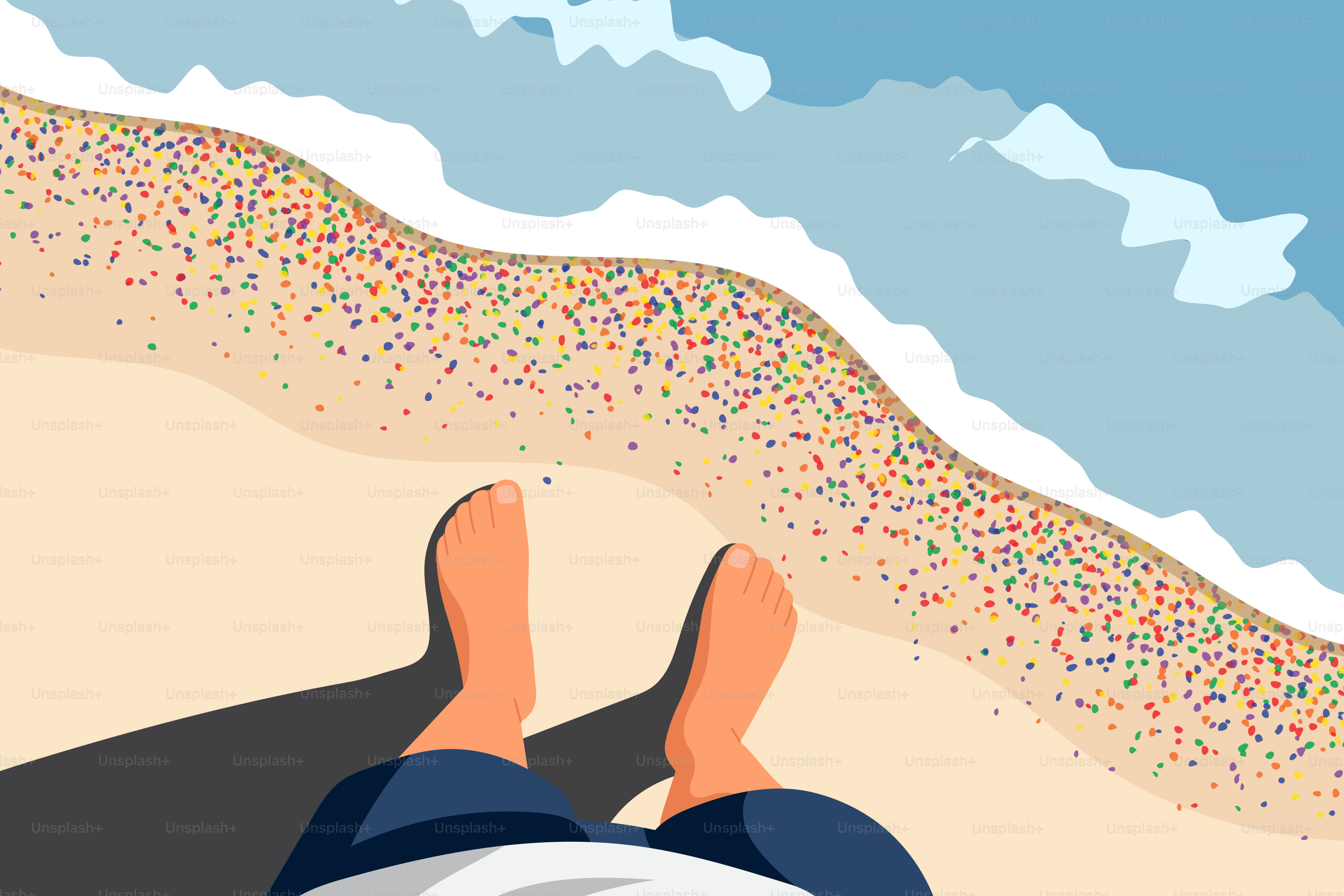 Les pieds d’une personne se détendent sur une plage de sable au bord de l’océan