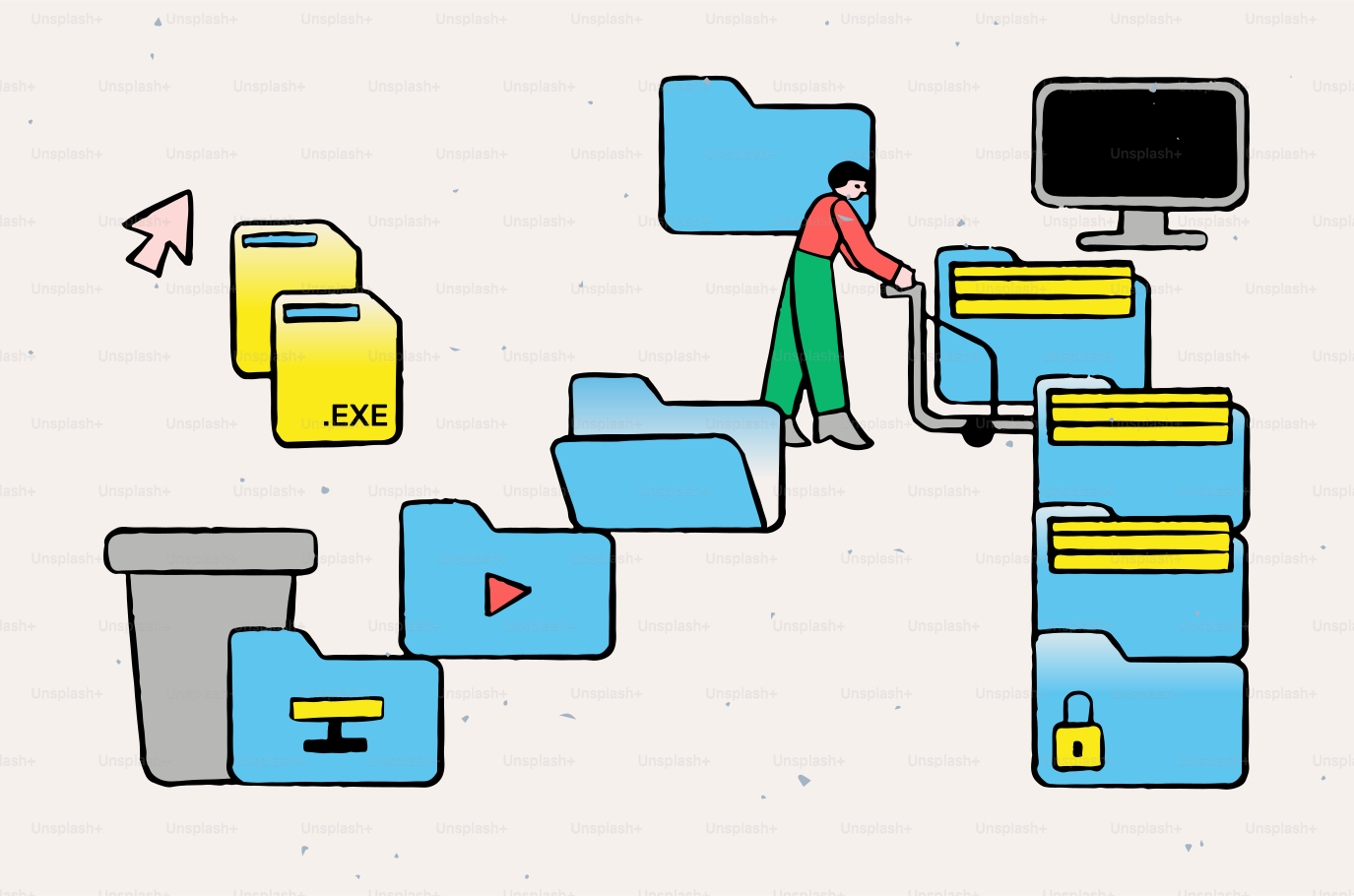 Two people organizing files on a computer interface. vector – Business ...