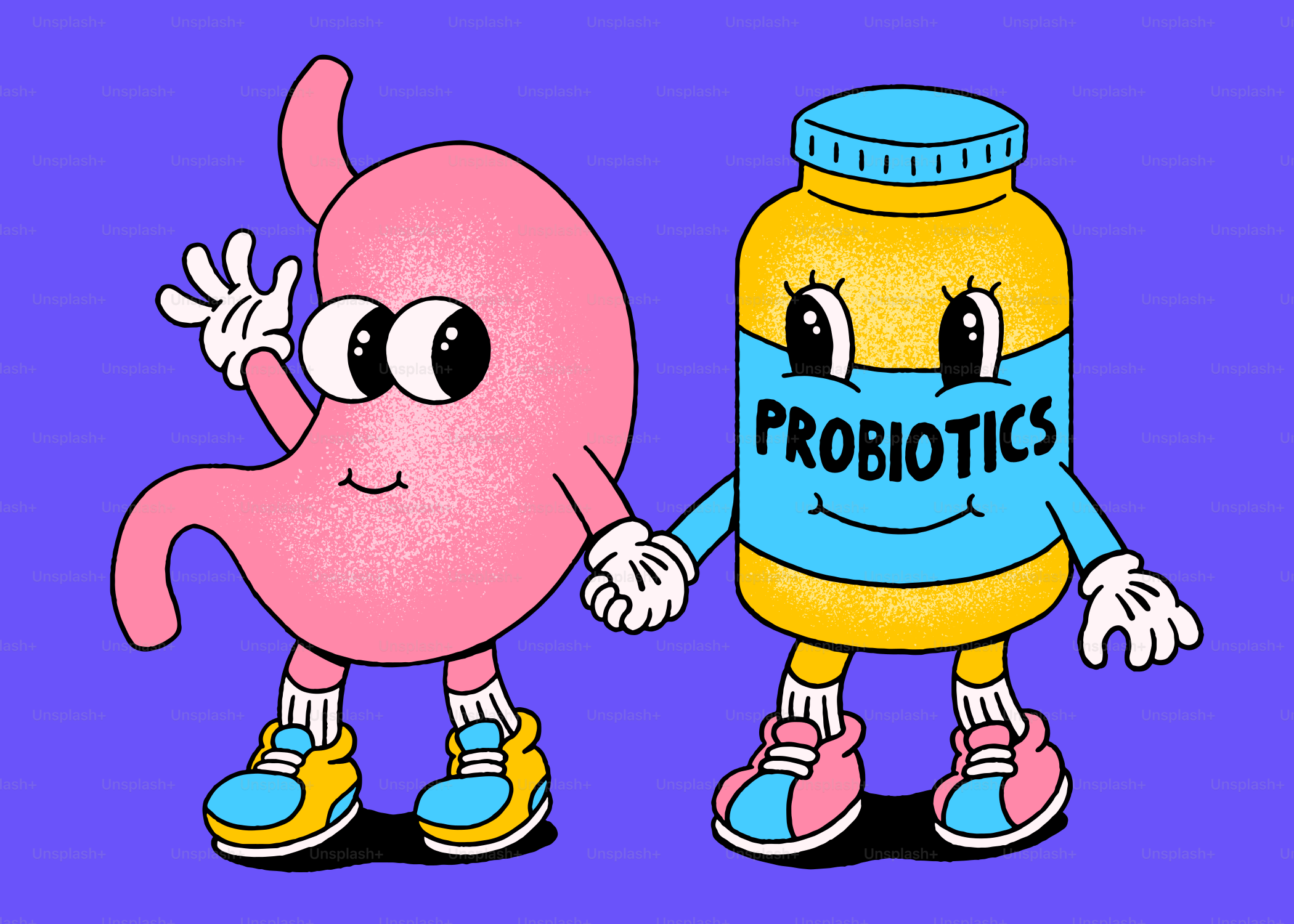 Ein Cartoon-Magen und eine Probiotikaflasche, die Händchen halten