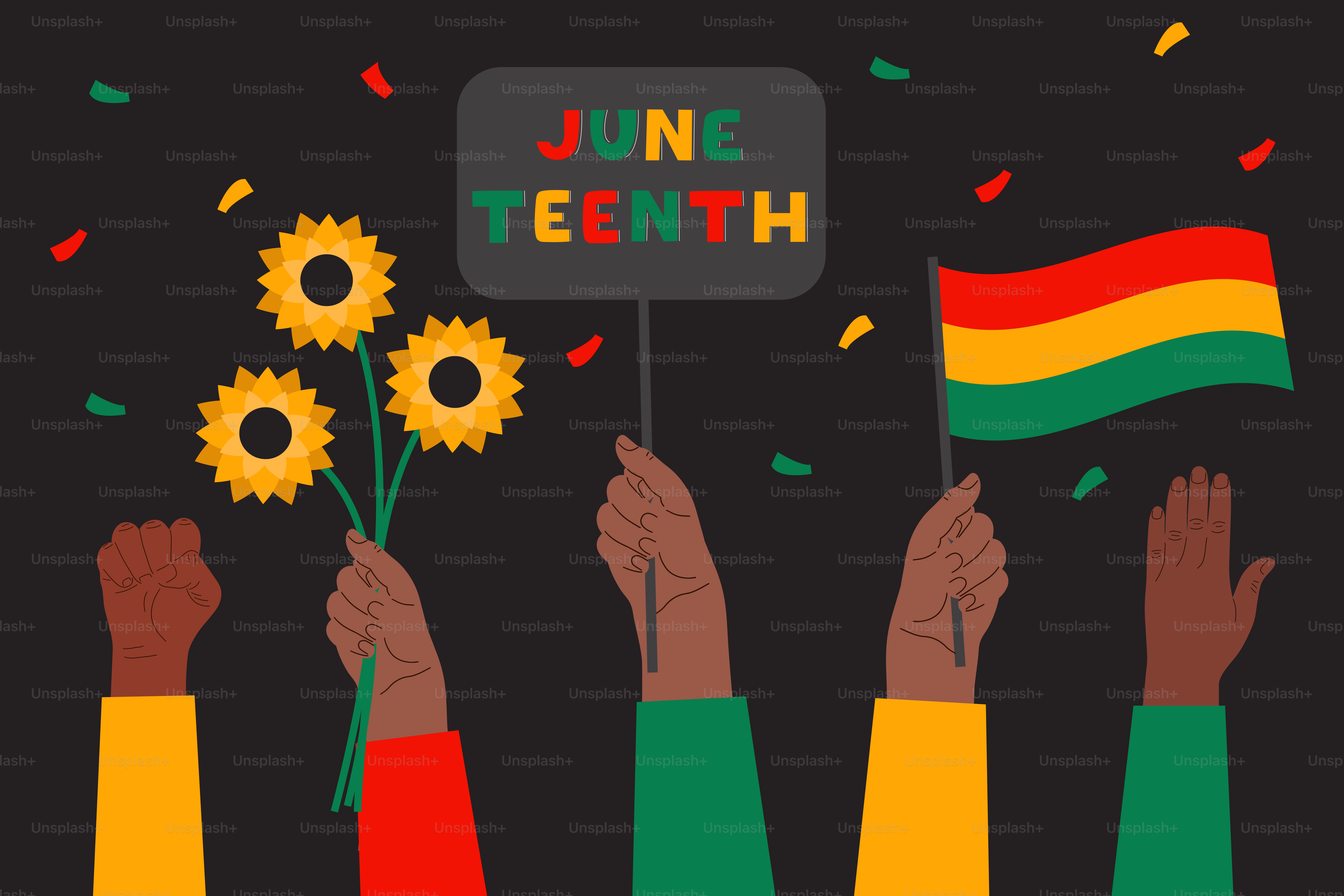 手にはひまわり、旗、ジュンティーンスの看板を持っています。