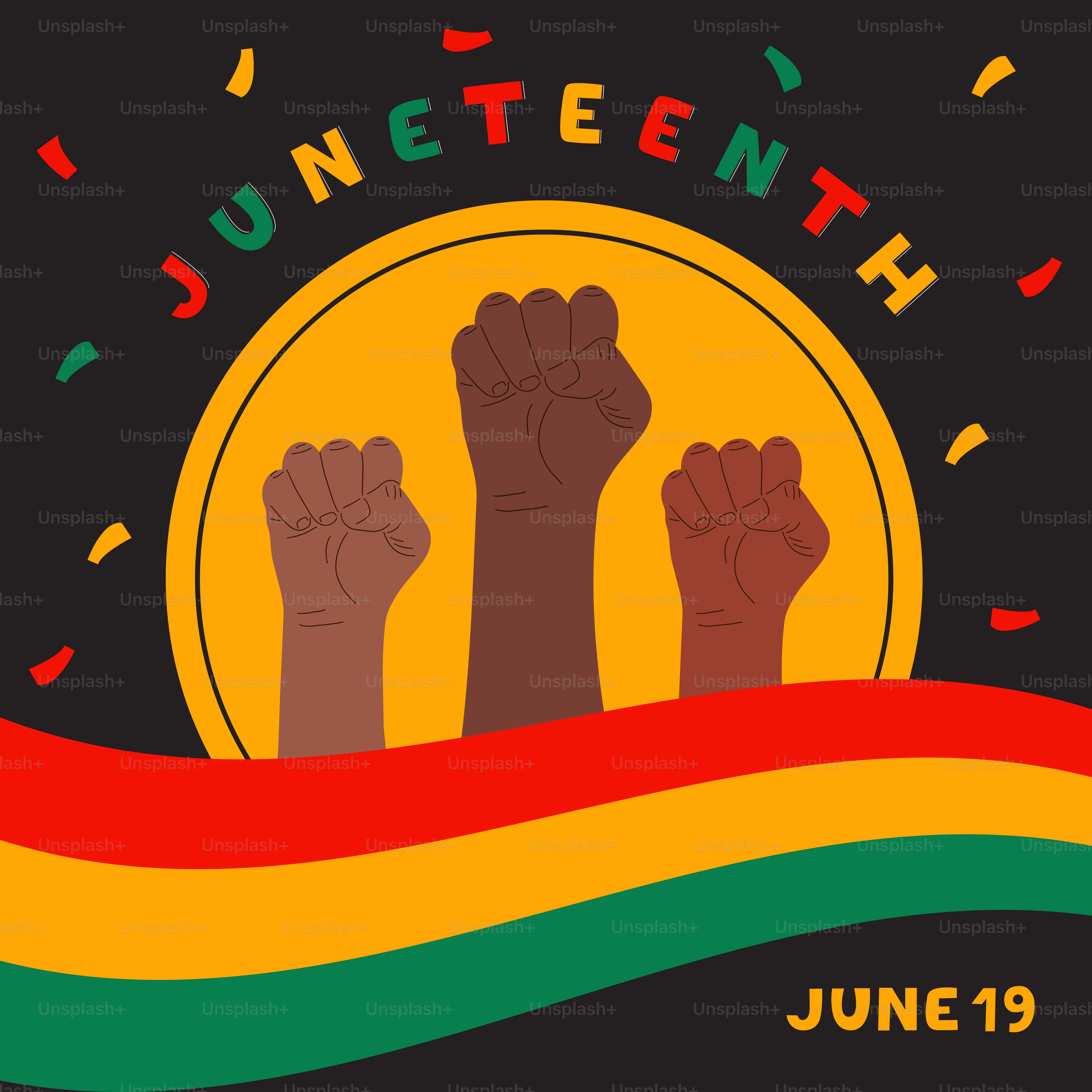 拳を上げて色とりどりの紙吹雪を舞うジュンティーンス祝典