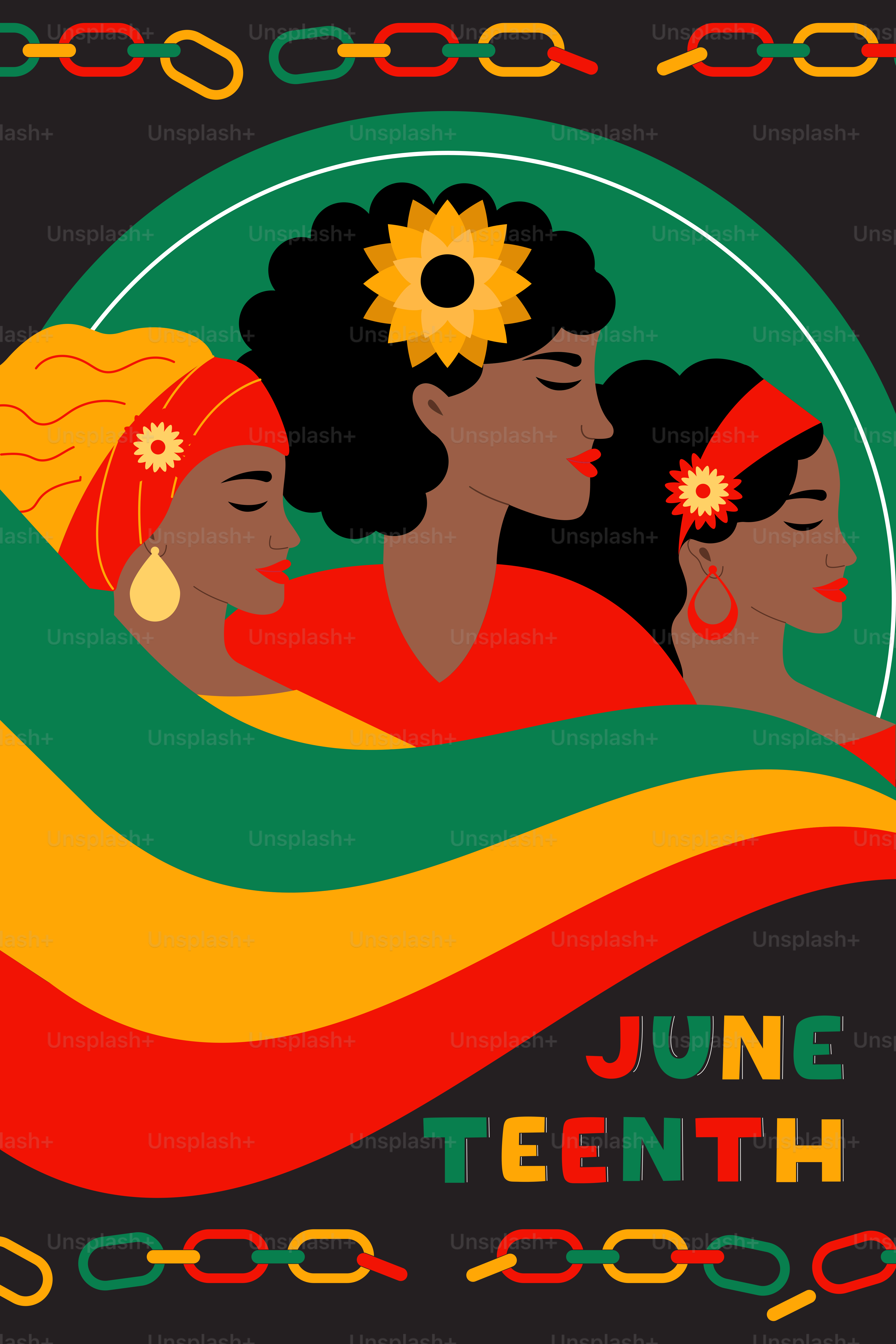 3人の黒人女性がカラフルな飾りでジュンティーンスを祝っています。