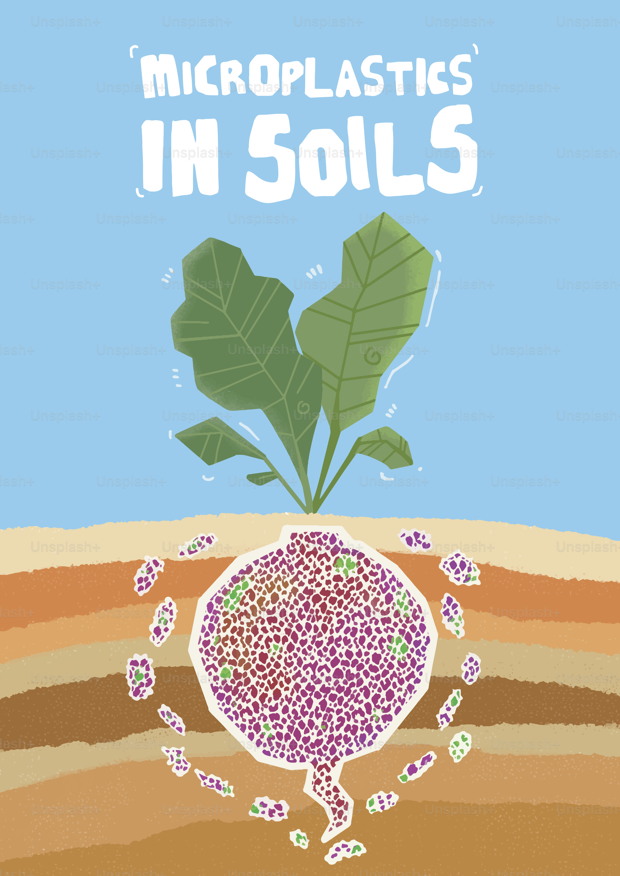 Plante raízes em solo contaminado com microplásticos.