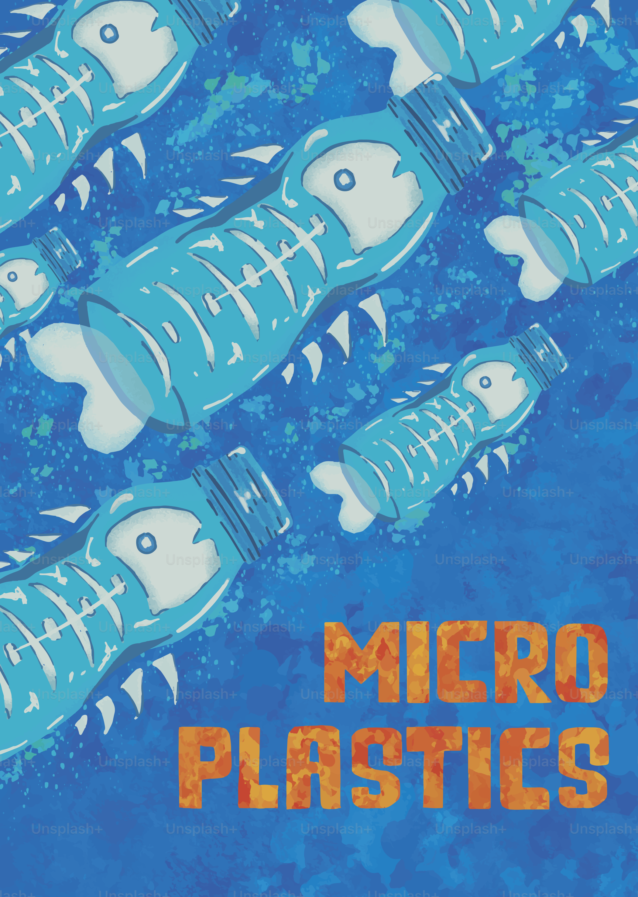 Plastikflaschen in Form von Fischskeletten, die schwimmen