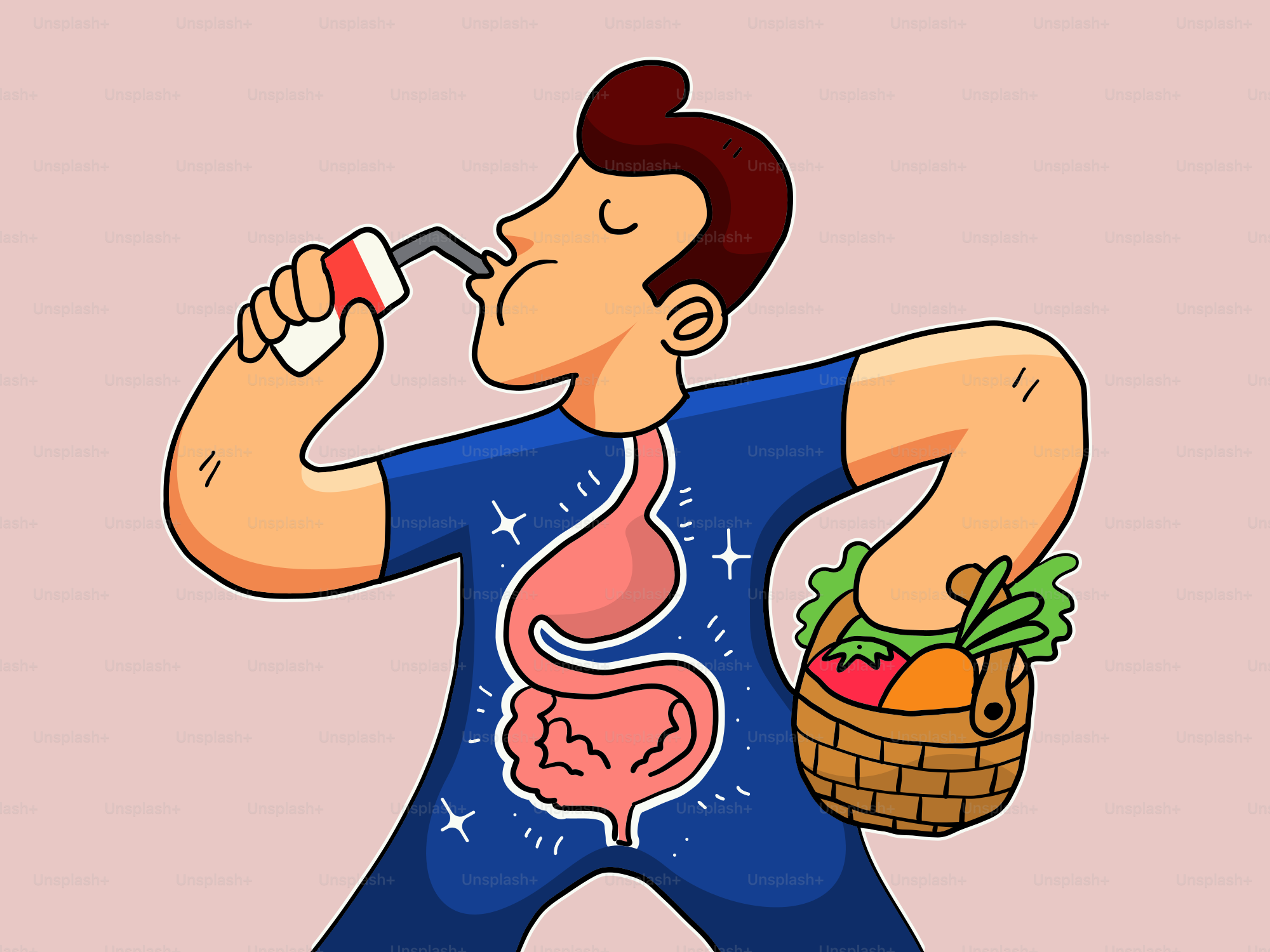 Manusia minum dari botol, memegang sekeranjang sayuran.