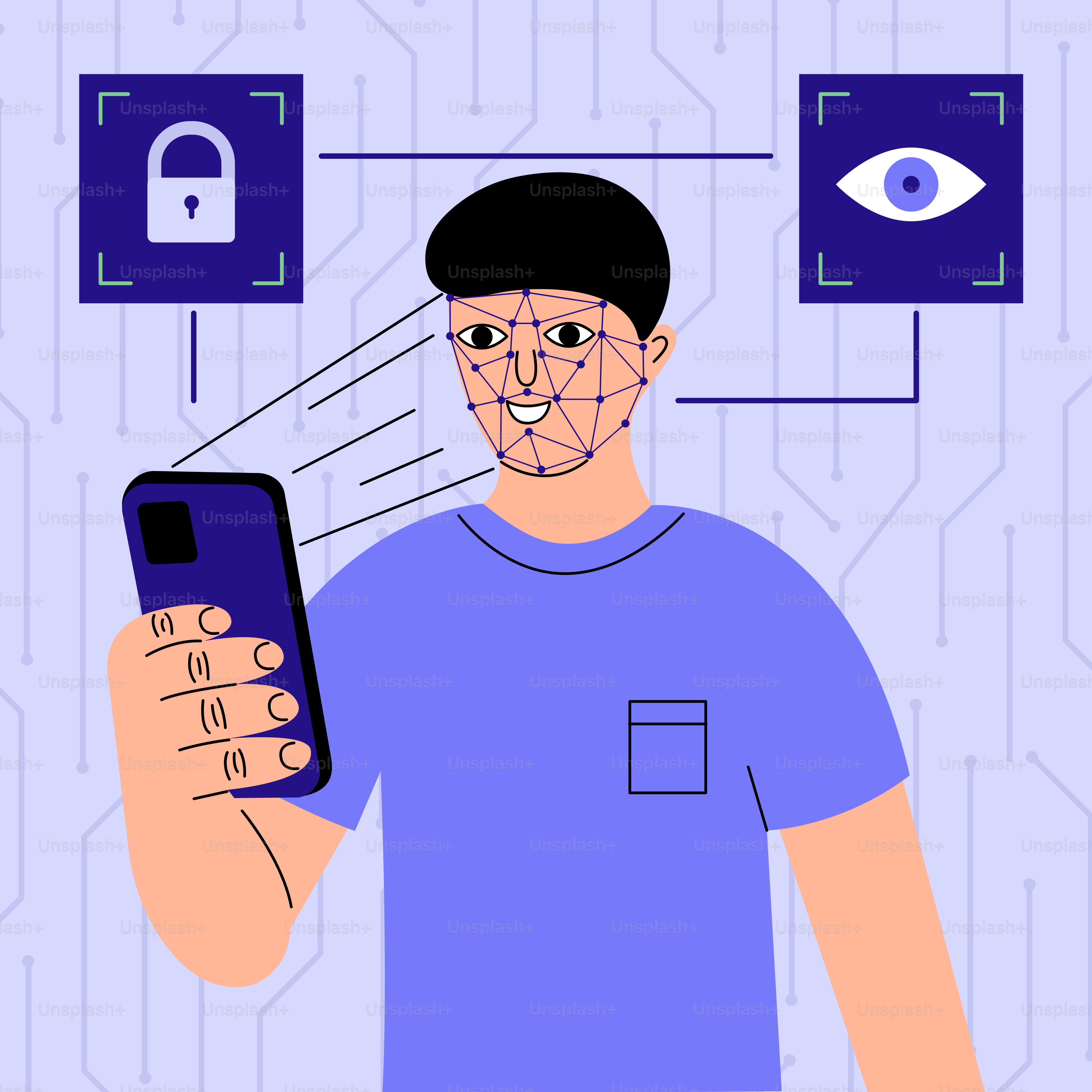 Pria menggunakan smartphone untuk keamanan pengenalan wajah