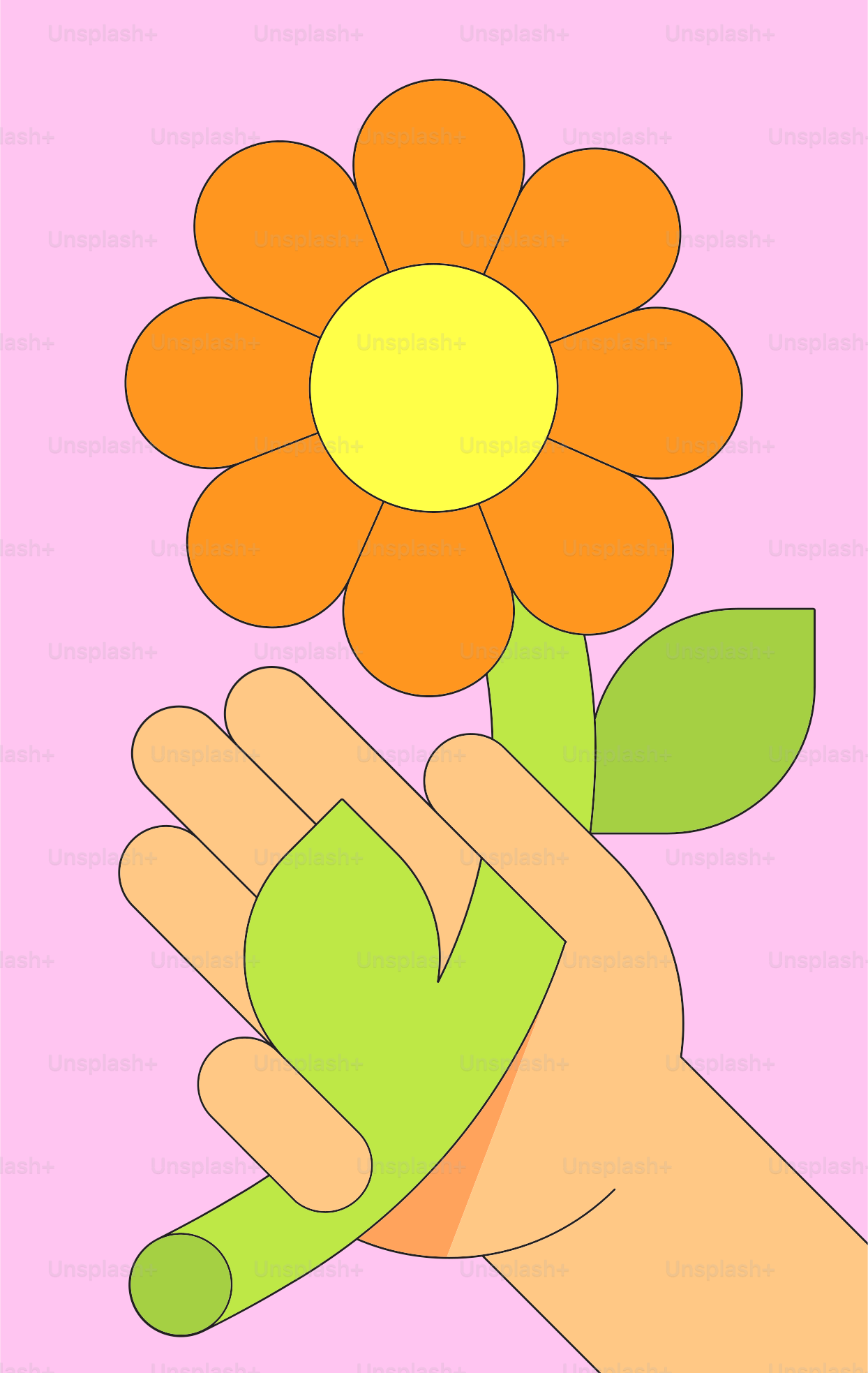 Sosteniendo de la mano una flor naranja con el centro amarillo.