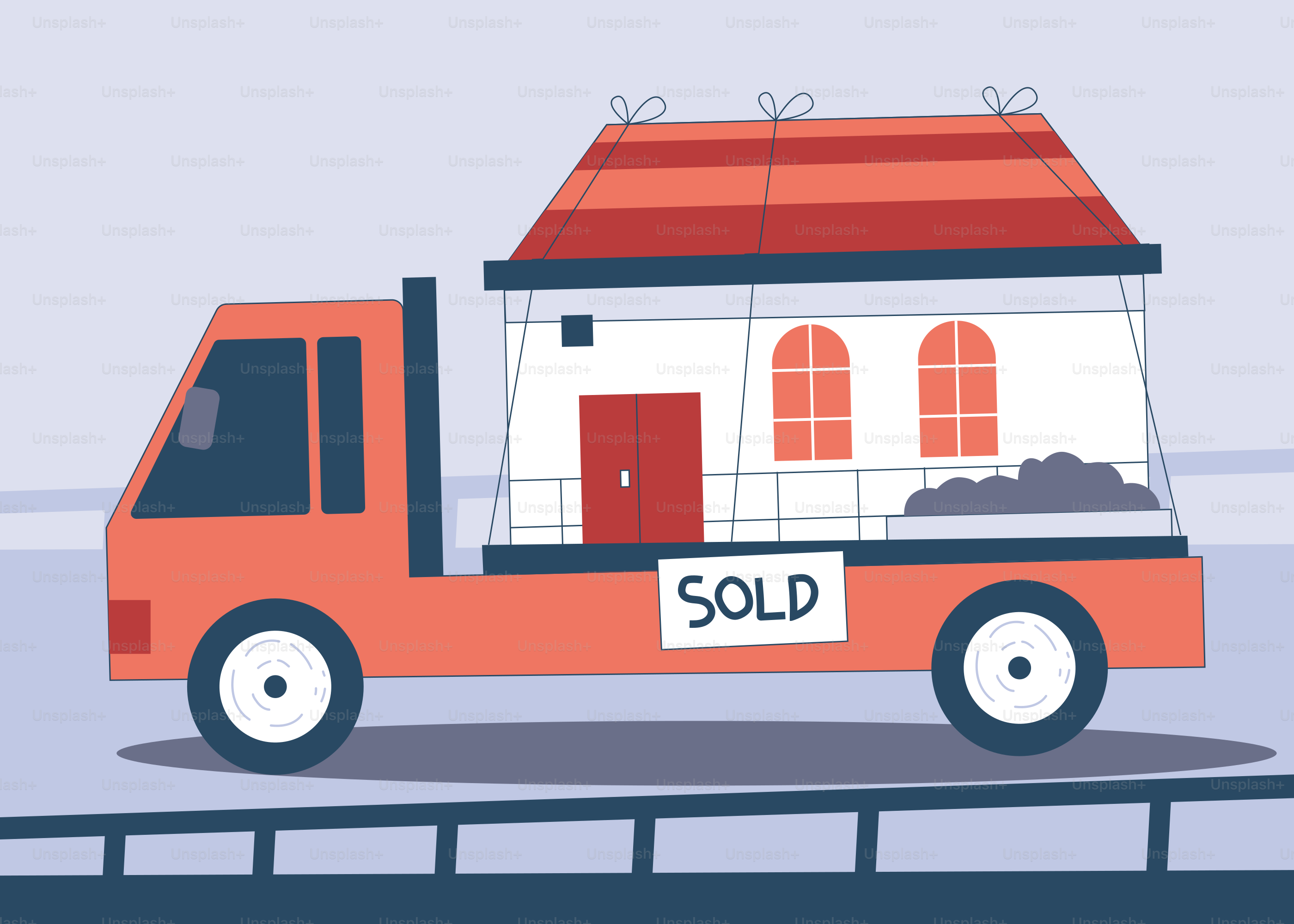 Camion transportant une maison avec une pancarte vendue