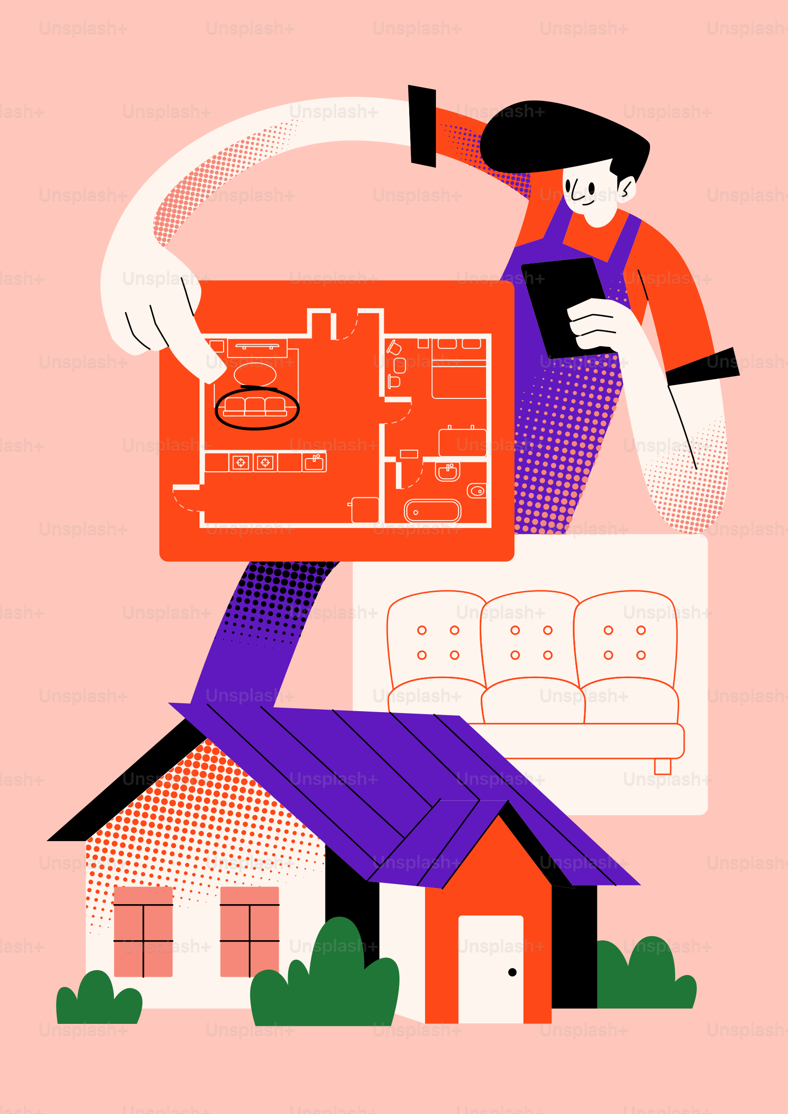 Homme tenant le plan de la maison et le croquis du mobilier.