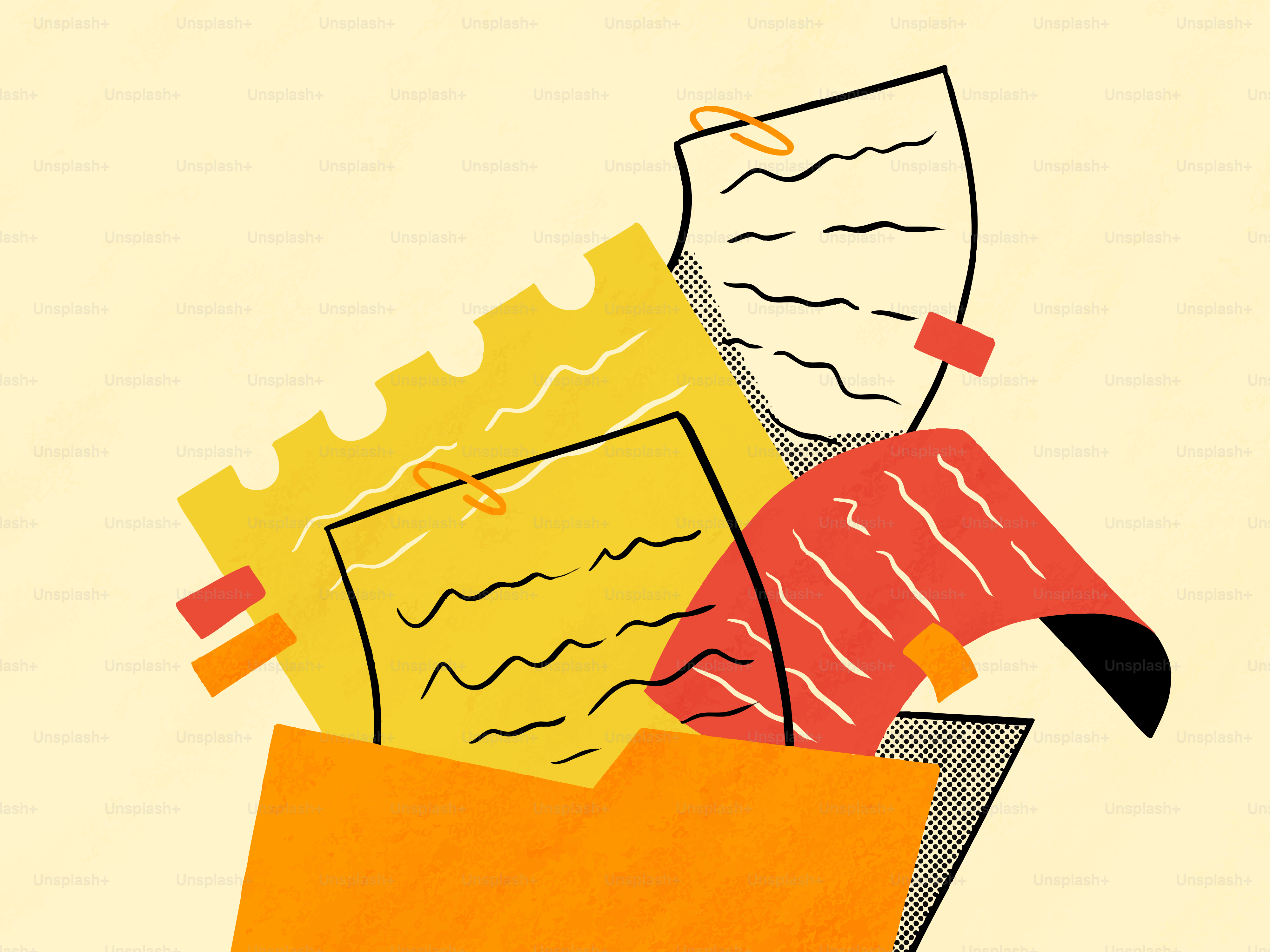 Stack of papers and notes in an orange folder.