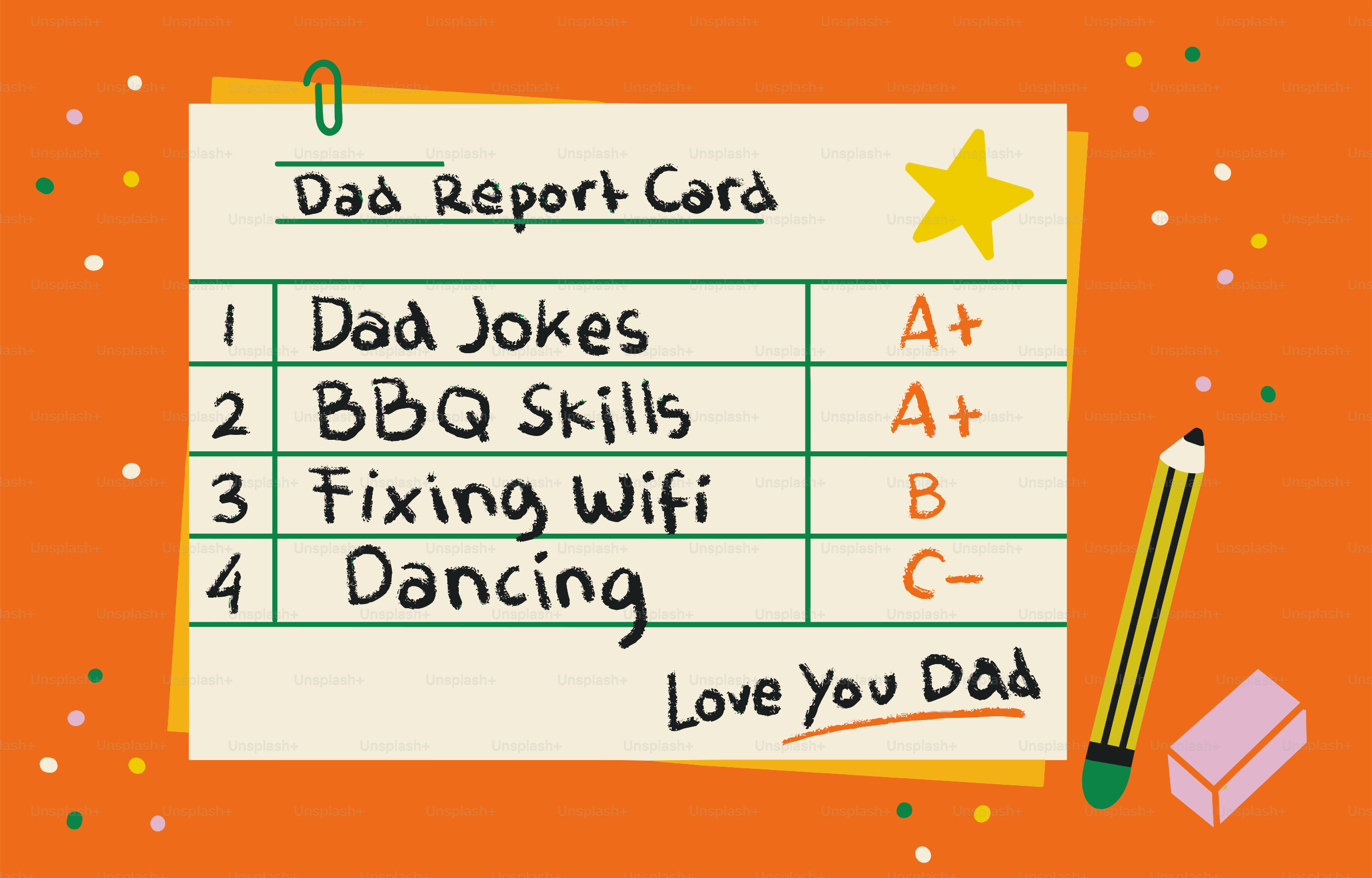 Boletín de notas de padre con chistes, barbacoa, wifi y notas de baile.