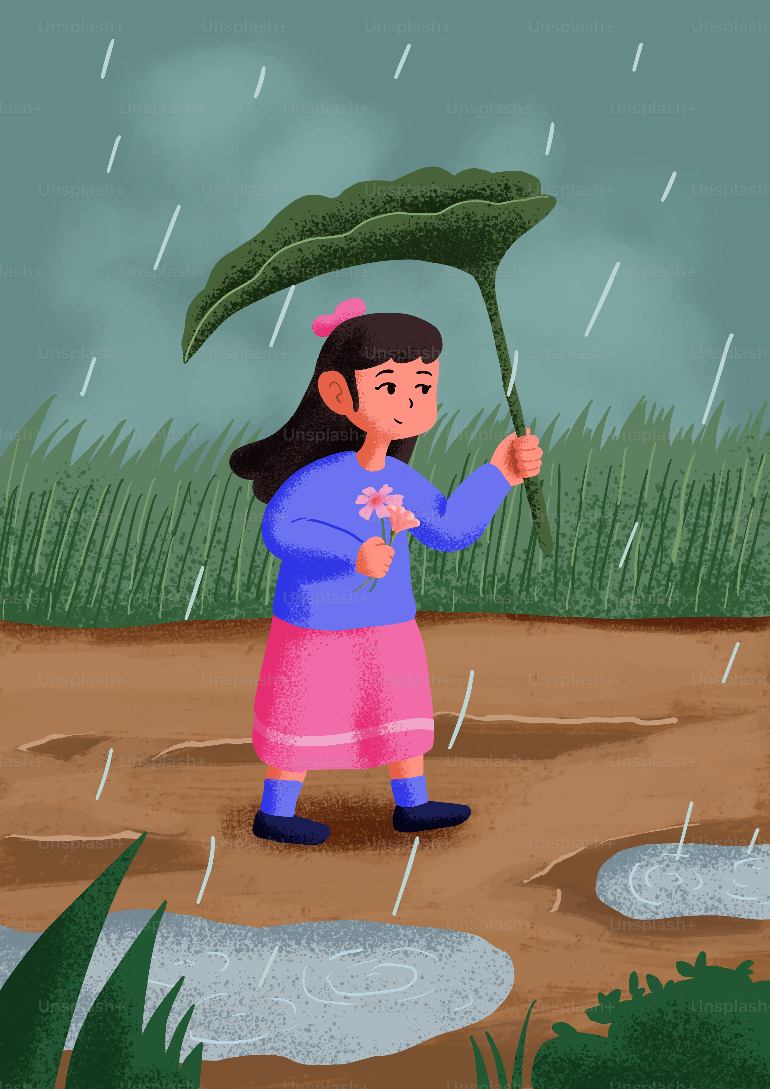 Une fille tenant un parapluie de feuilles sous la pluie.