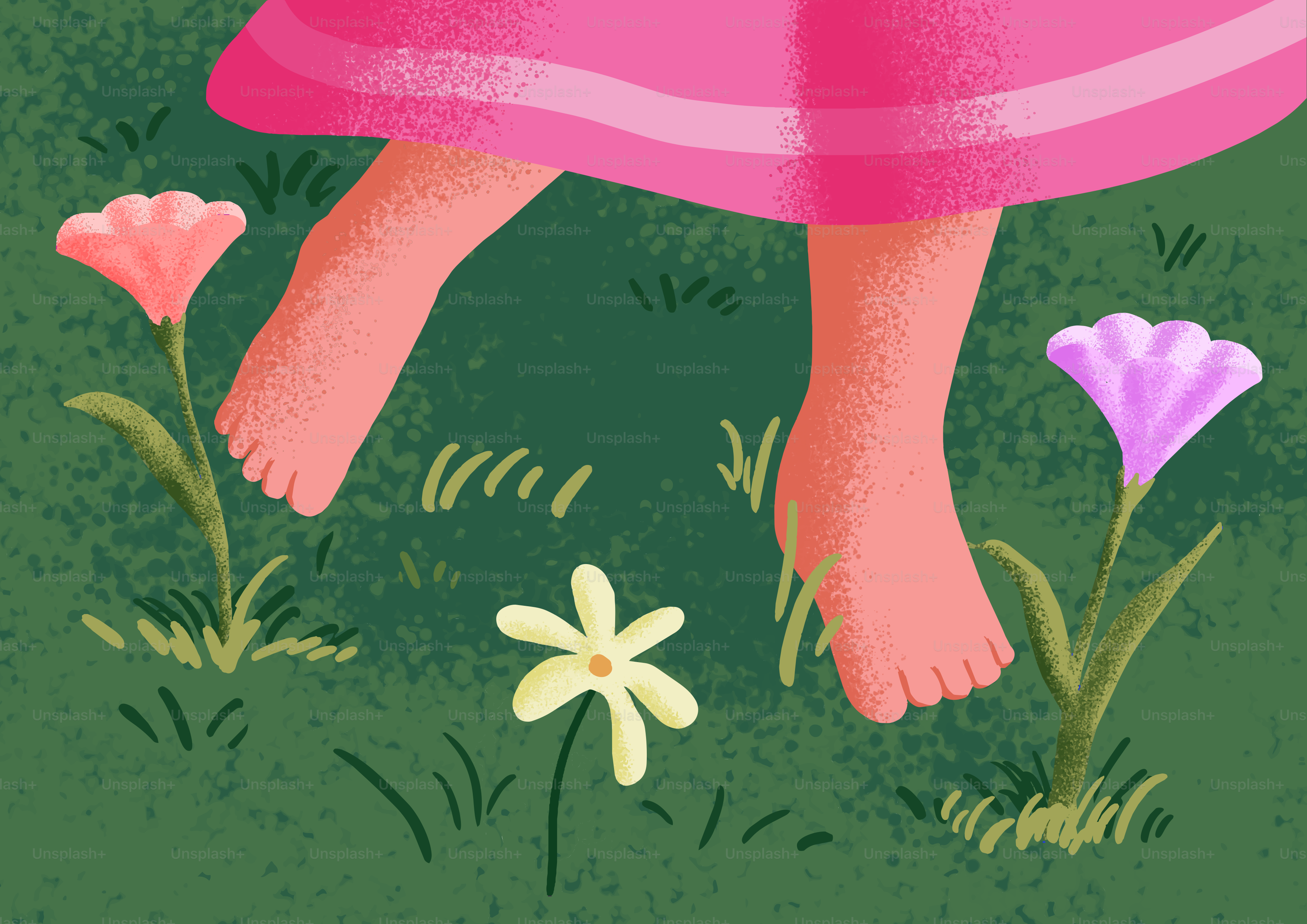 Pieds nus marchant dans l’herbe avec des fleurs.