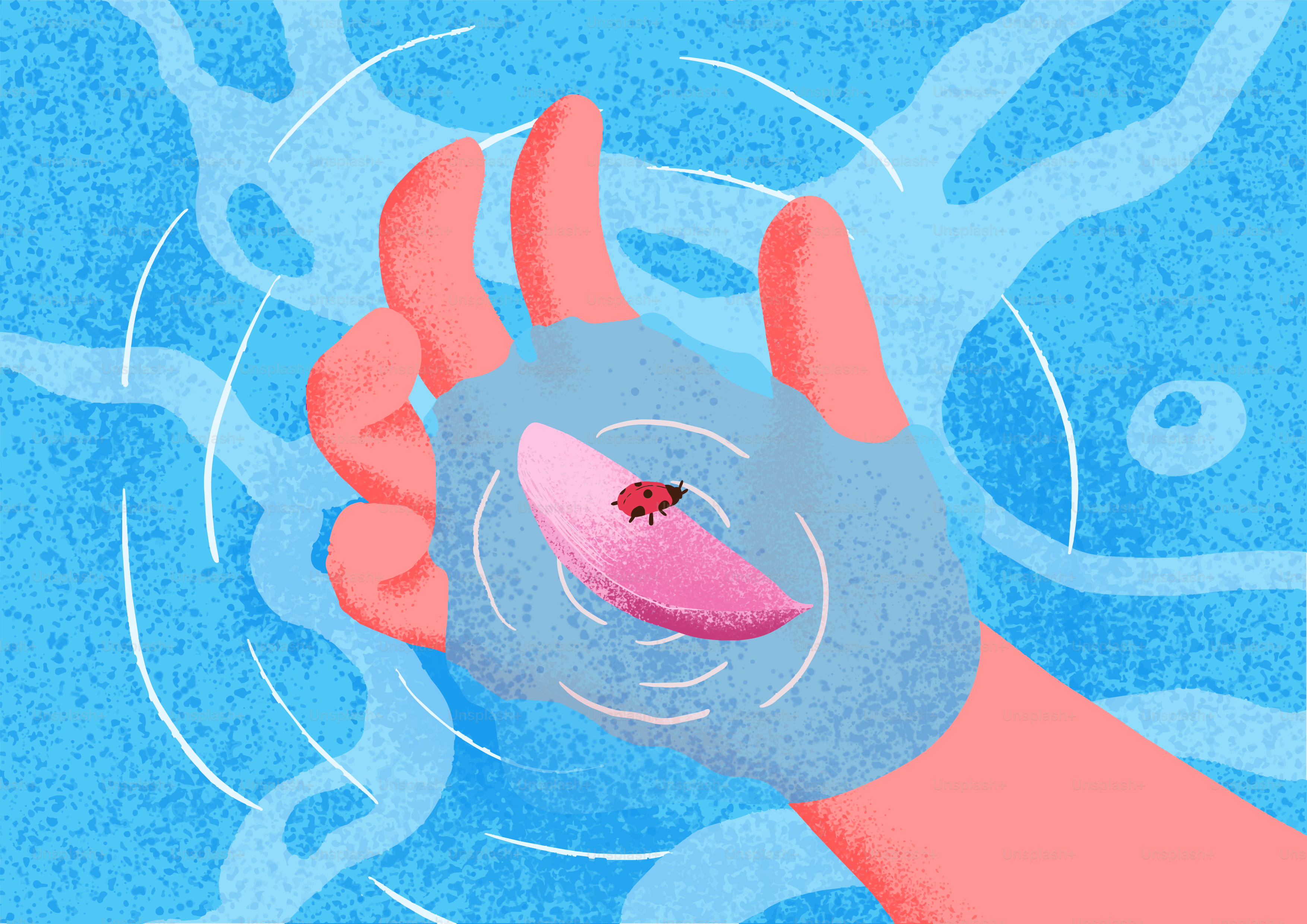 Une coccinelle sur un pétale rose tenue dans une main.