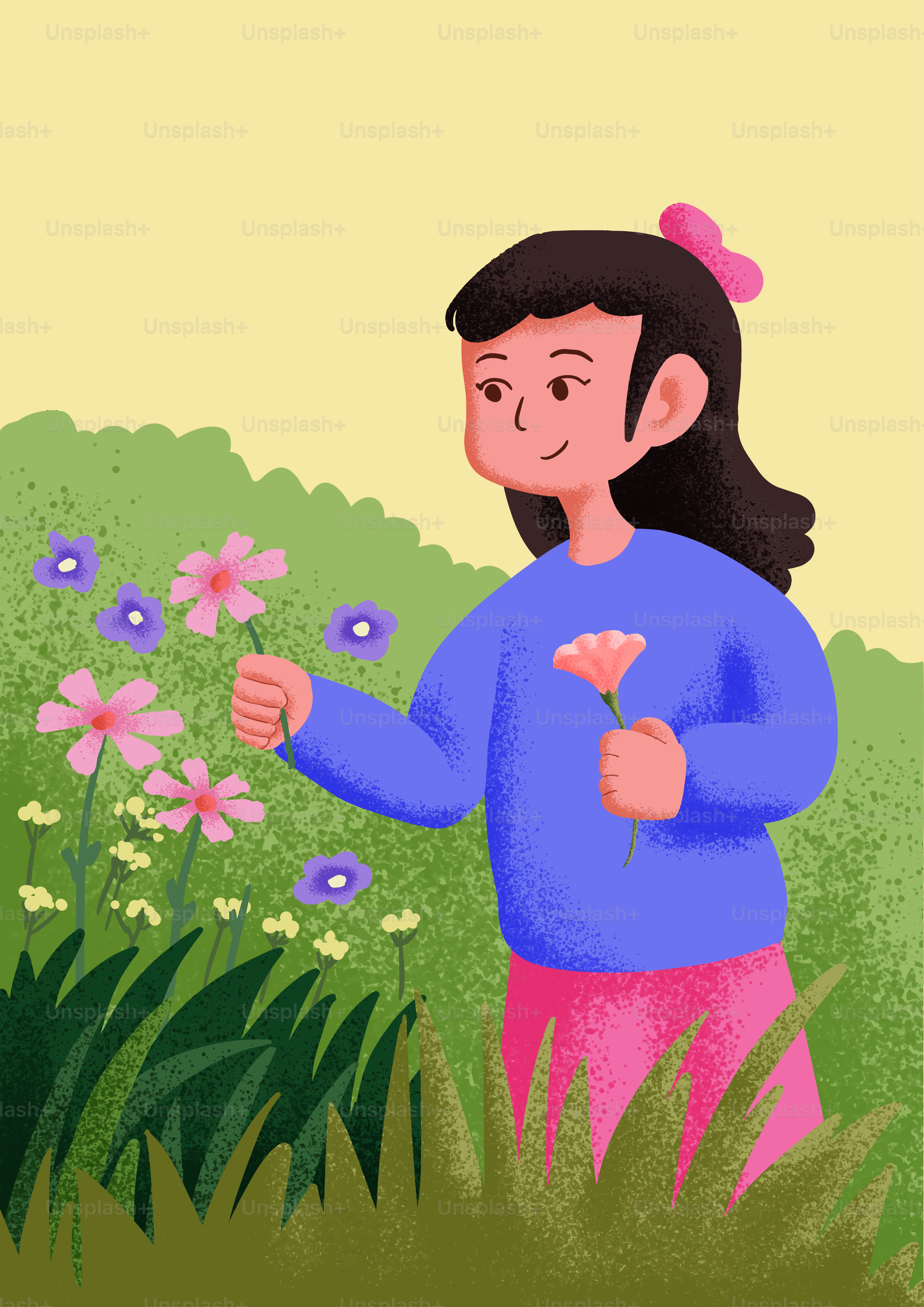 Une fille cueillant des fleurs dans un jardin