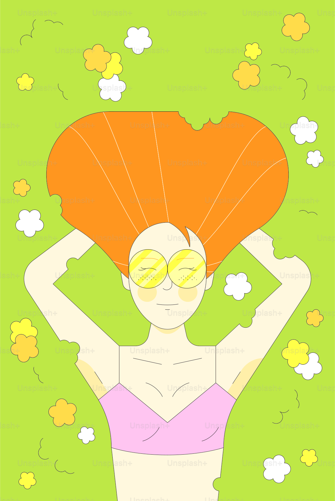 Mujer de pelo naranja tumbada en un campo de flores