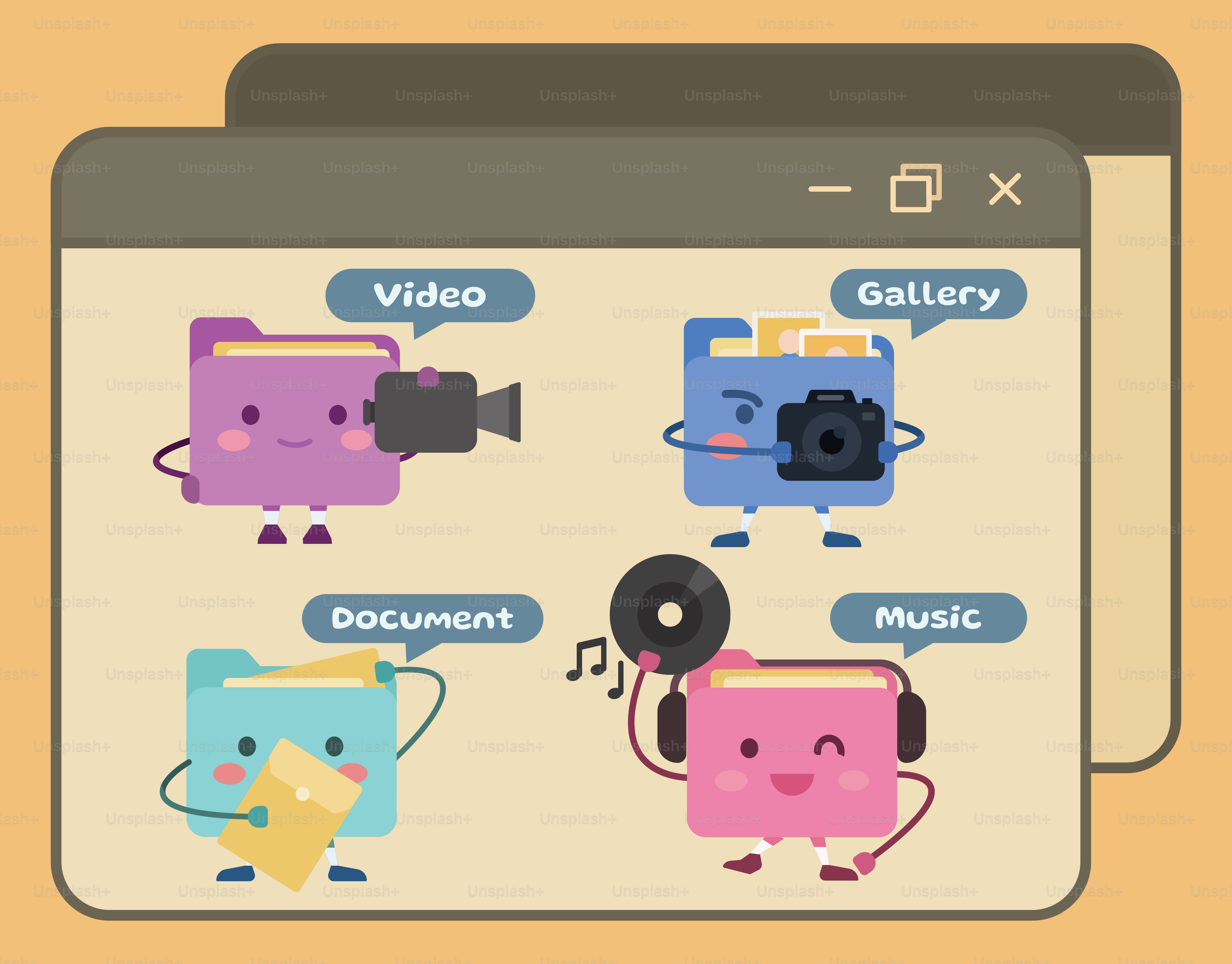 Empat folder kartun yang mewakili video, galeri, dokumen, dan musik.