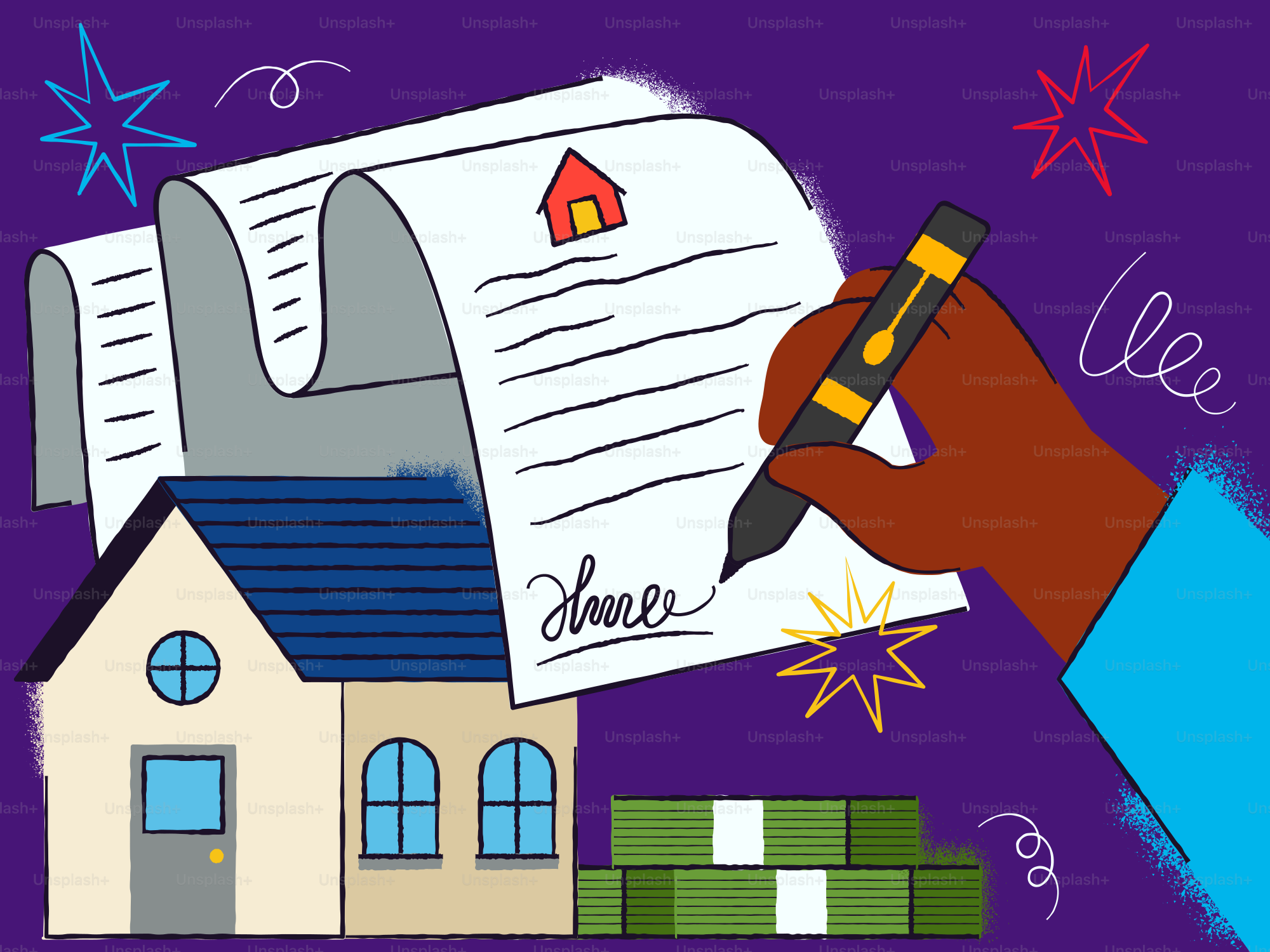 Signing a home loan contract with money and house.