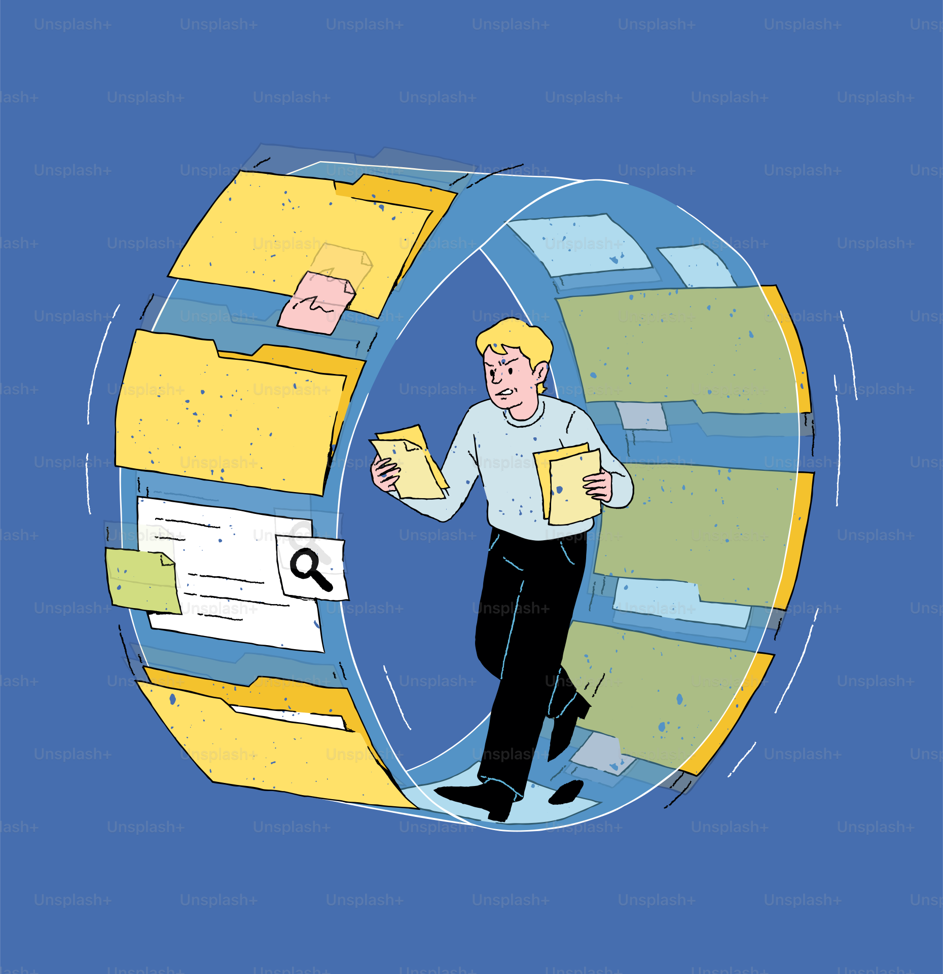Man walks on a wheel of file folders.