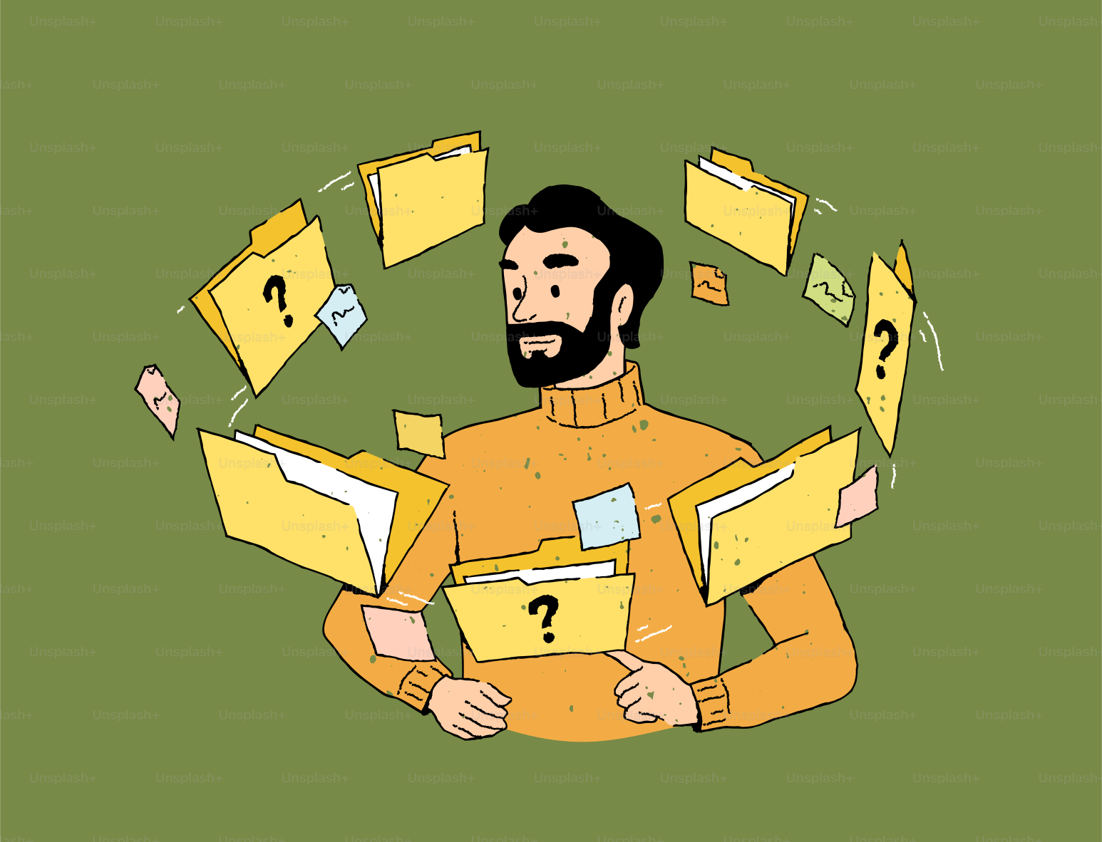 Man surrounded by floating folders and sticky notes