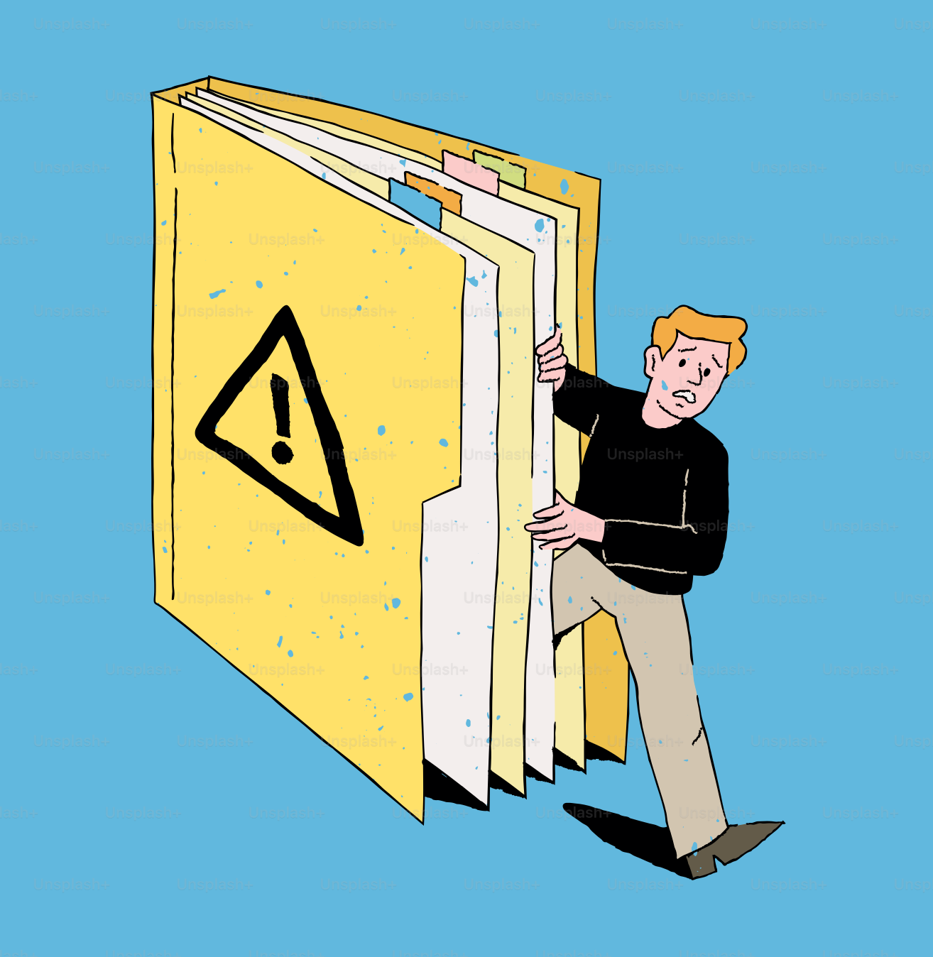 Man struggling with a large yellow folder with warning sign.