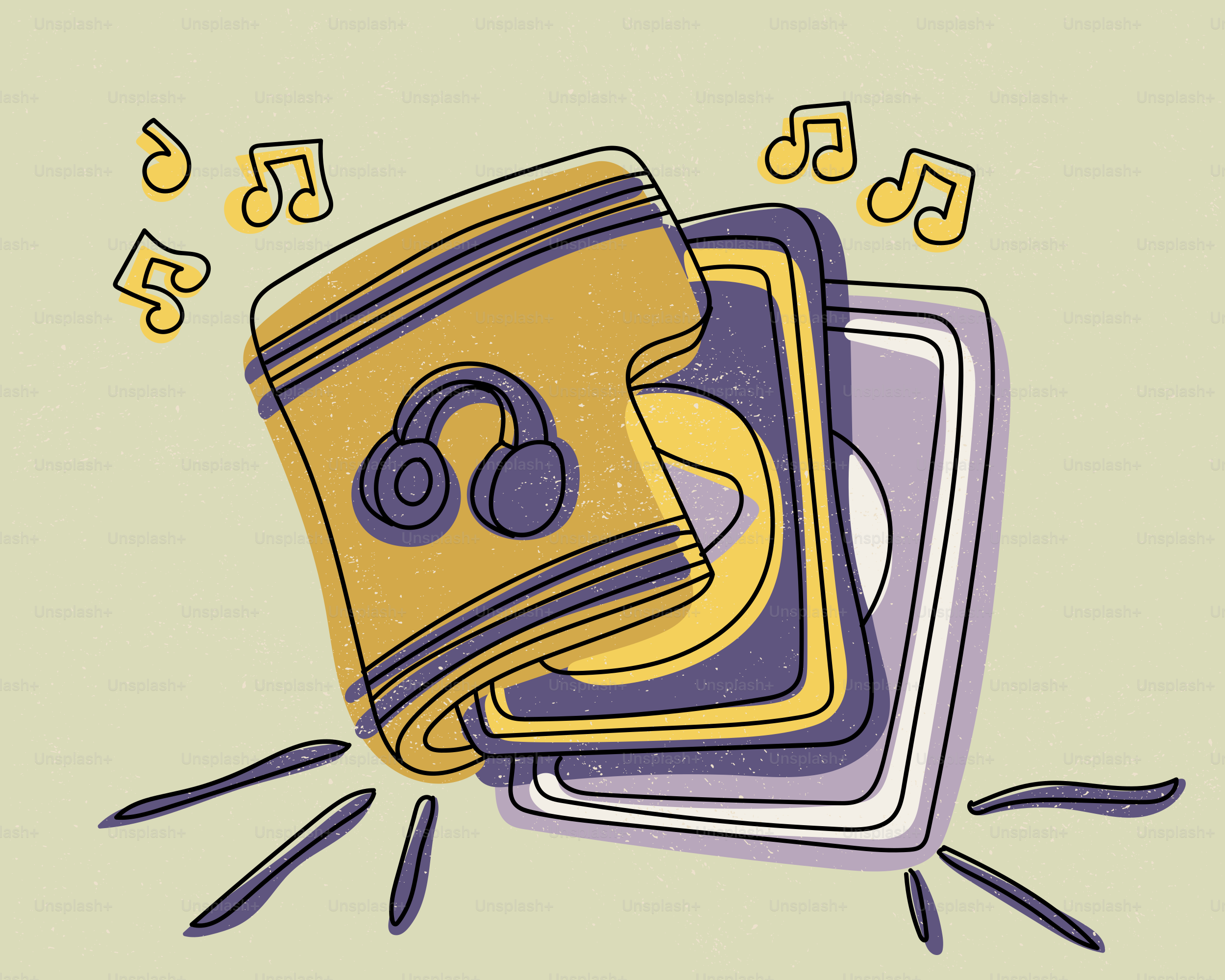 Illustrated stack of records with musical notes. vector – Music Image ...