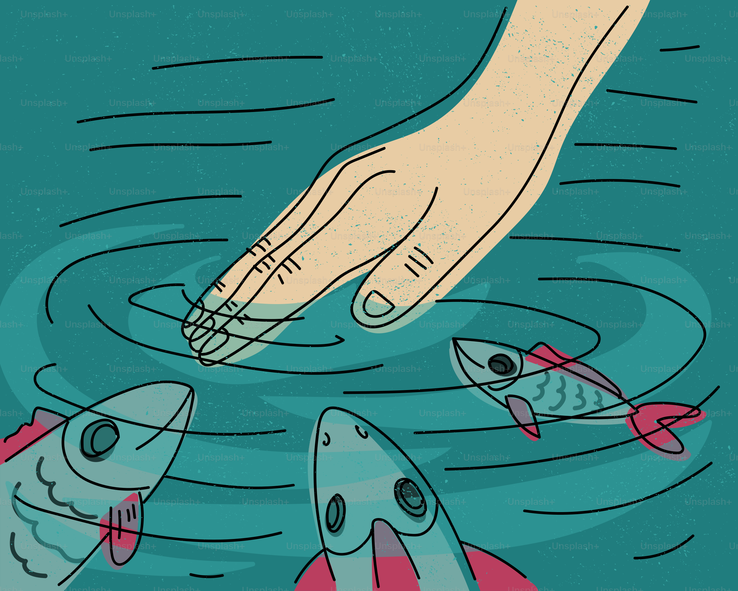Hand greift ins Wasser, während Fische herumschwimmen