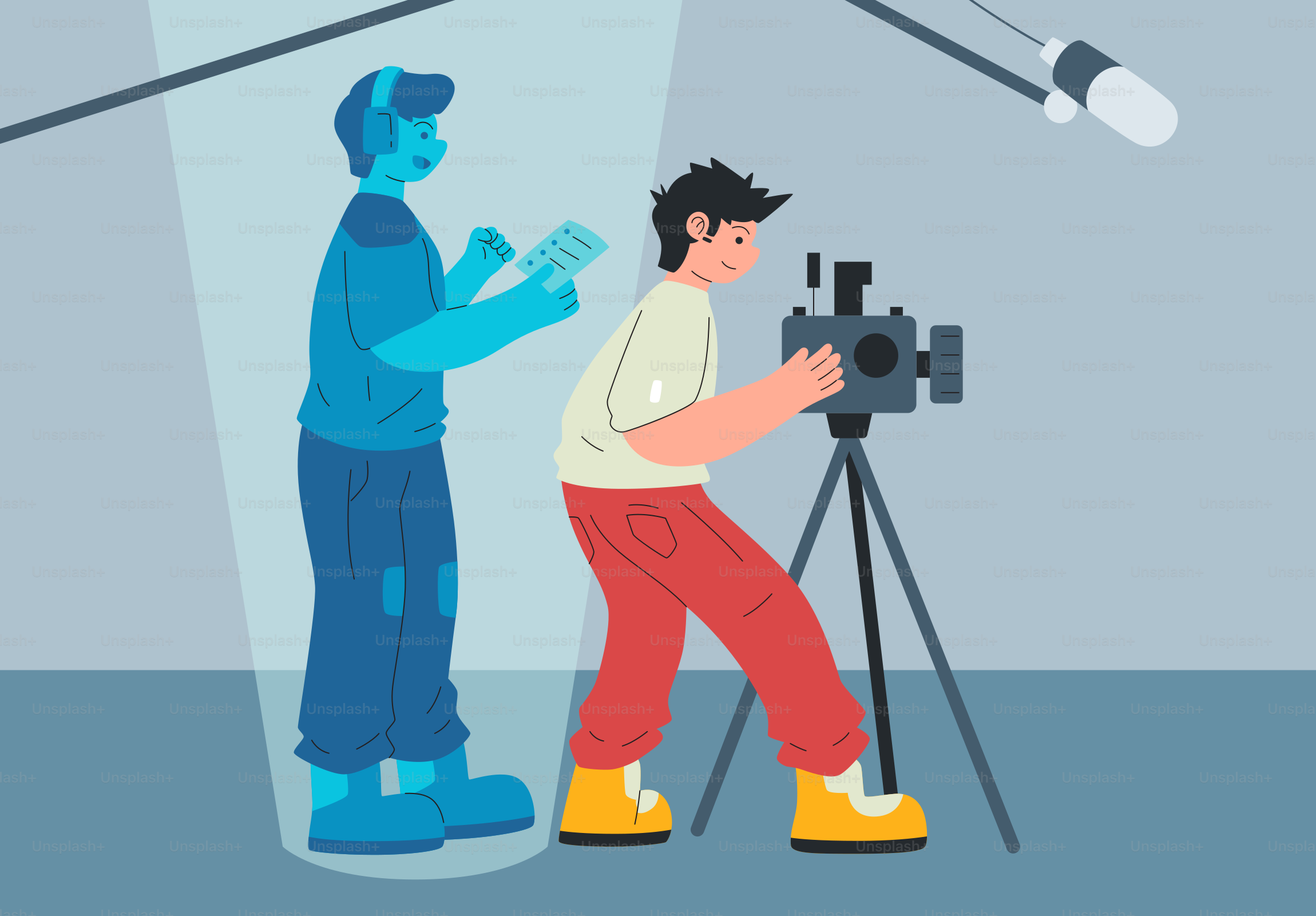 Filmmaker che manomano le attrezzature per telecamere e luci sul set.