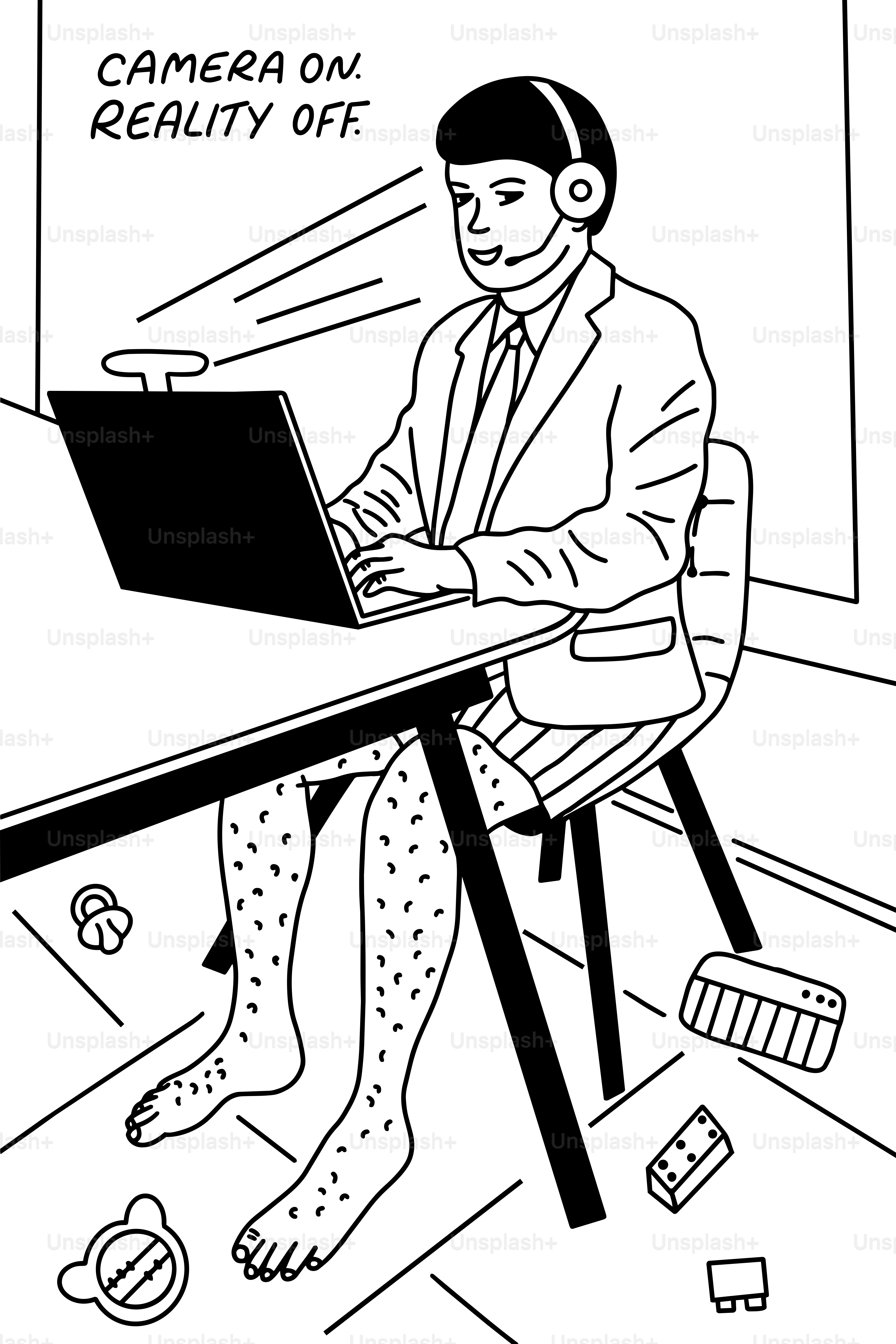 スーツ姿のトップスとショートパンツ姿の男性がリモートで作業