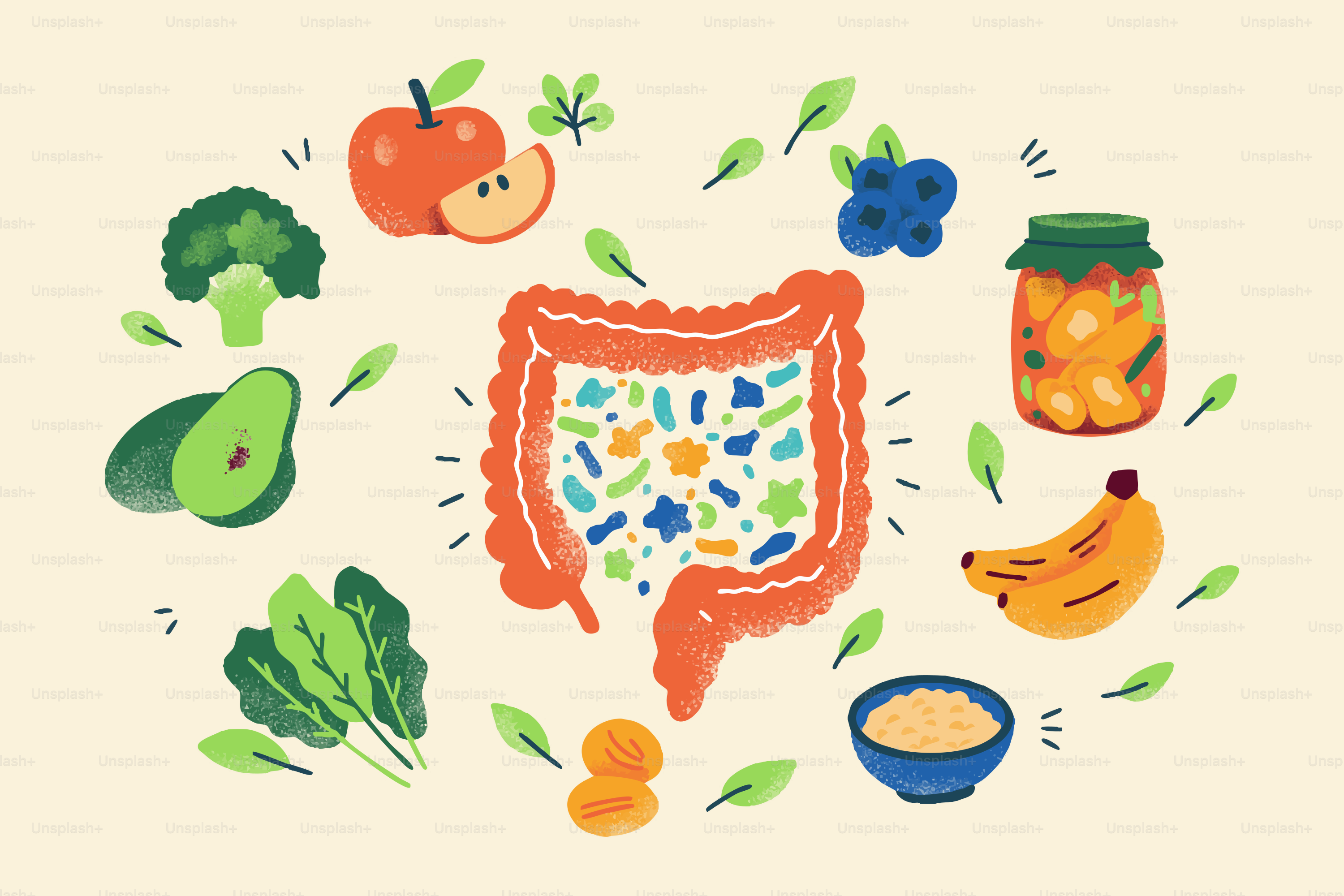 Microbioma intestinal saudável com frutas, vegetais e grãos.
