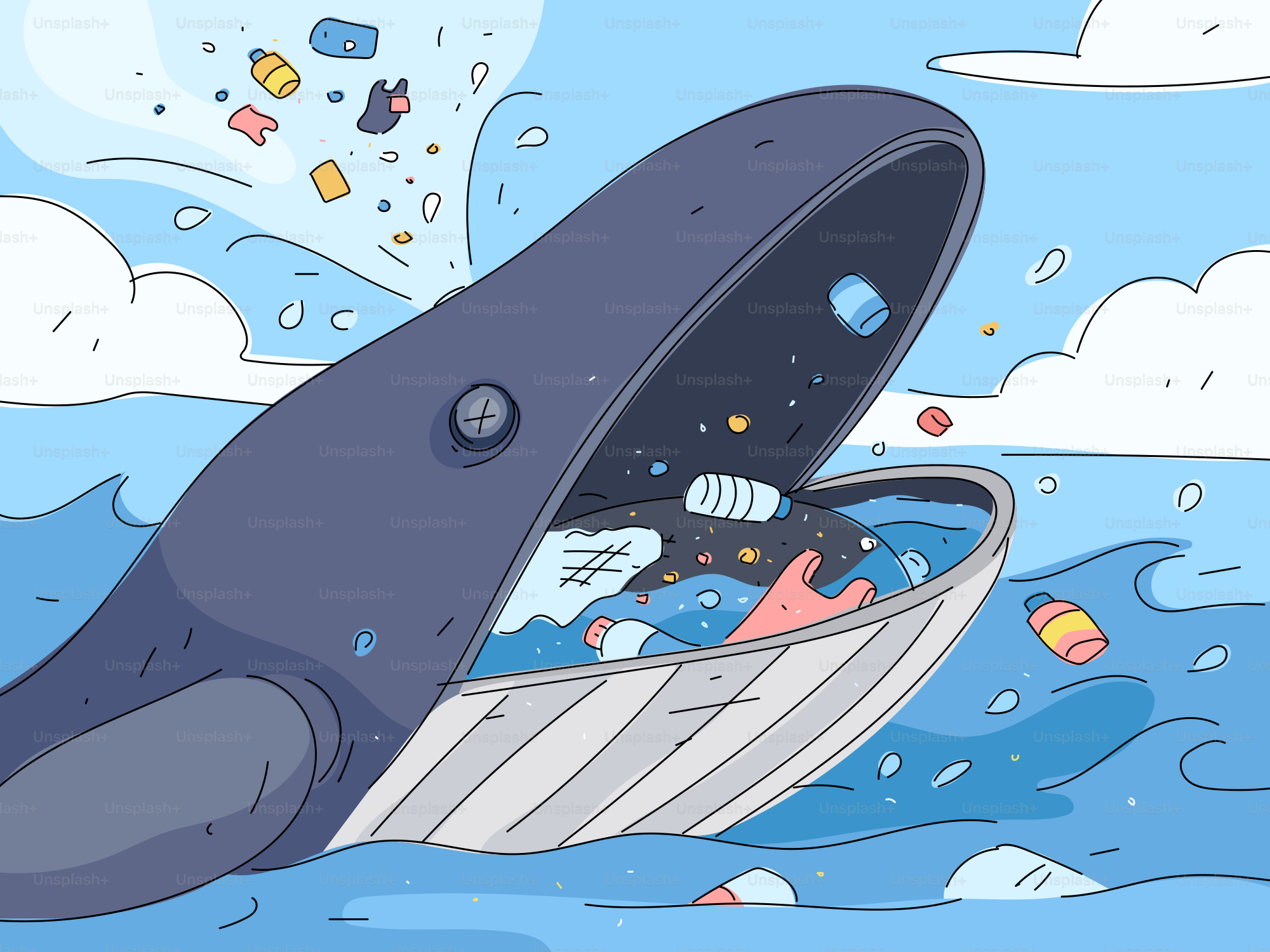 Whale ingesting plastic pollution in the ocean