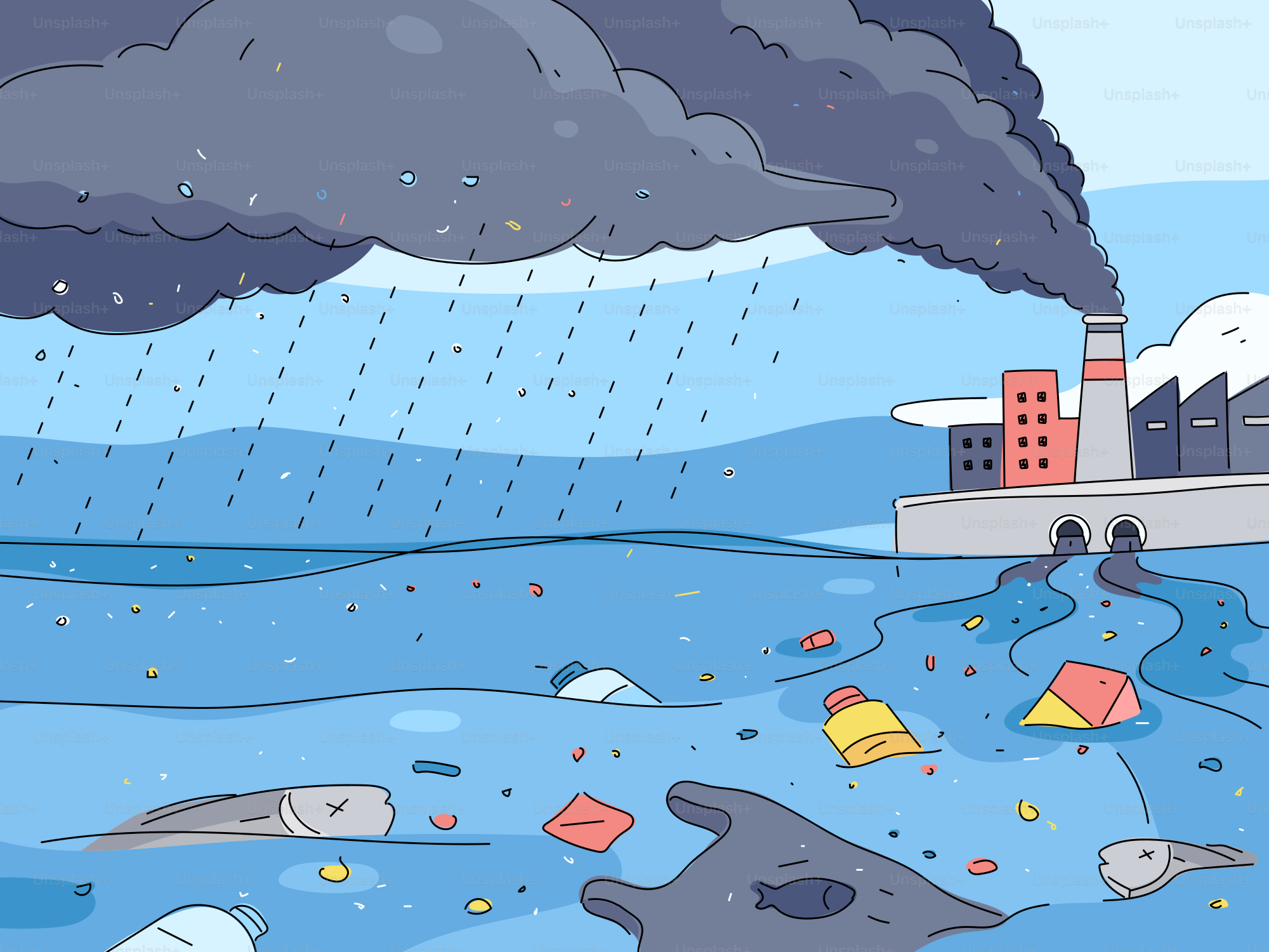 Factory pollution pollutes the ocean with trash and dead fish.