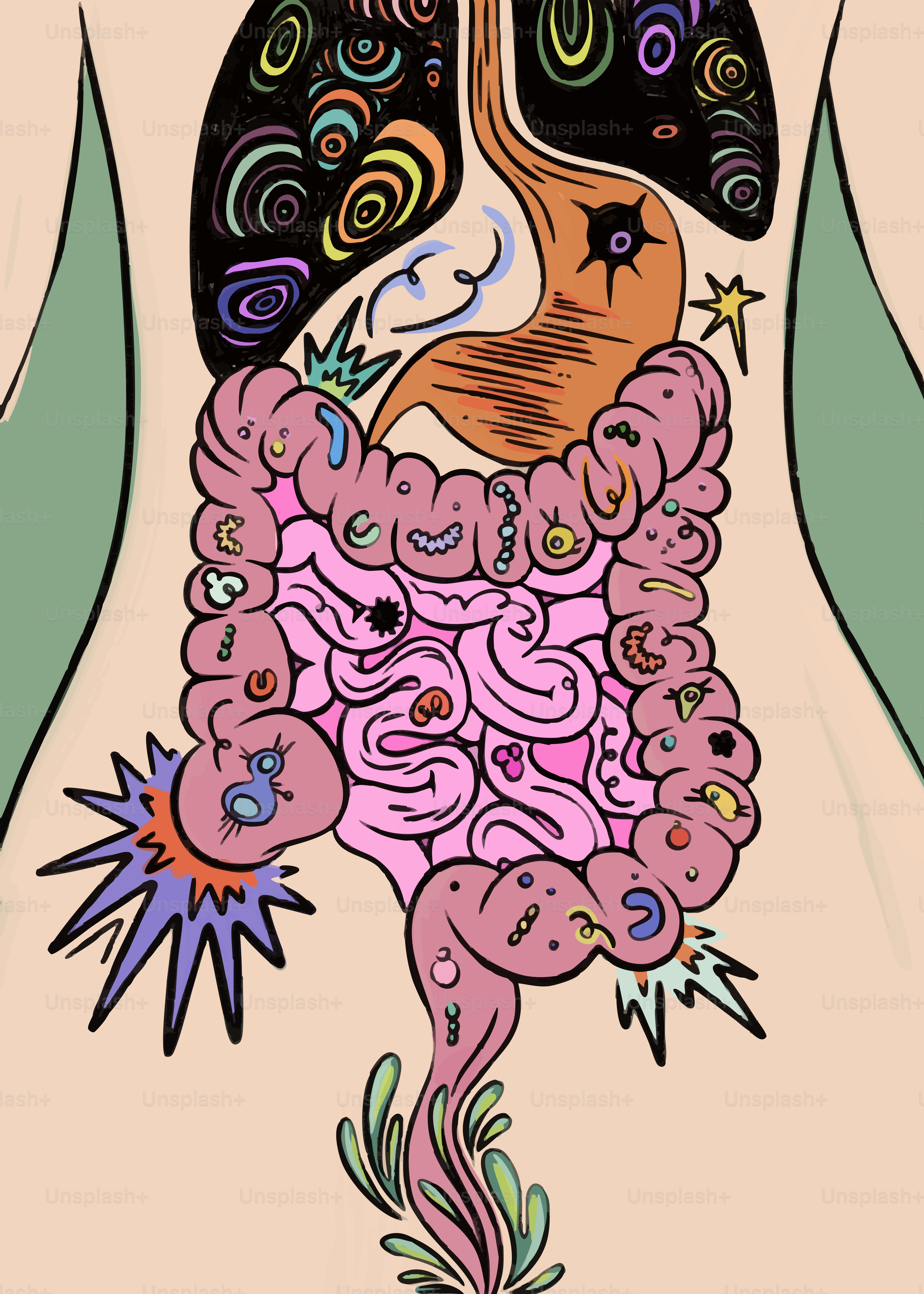 Abstract depiction of the human digestive system with colorful elements.