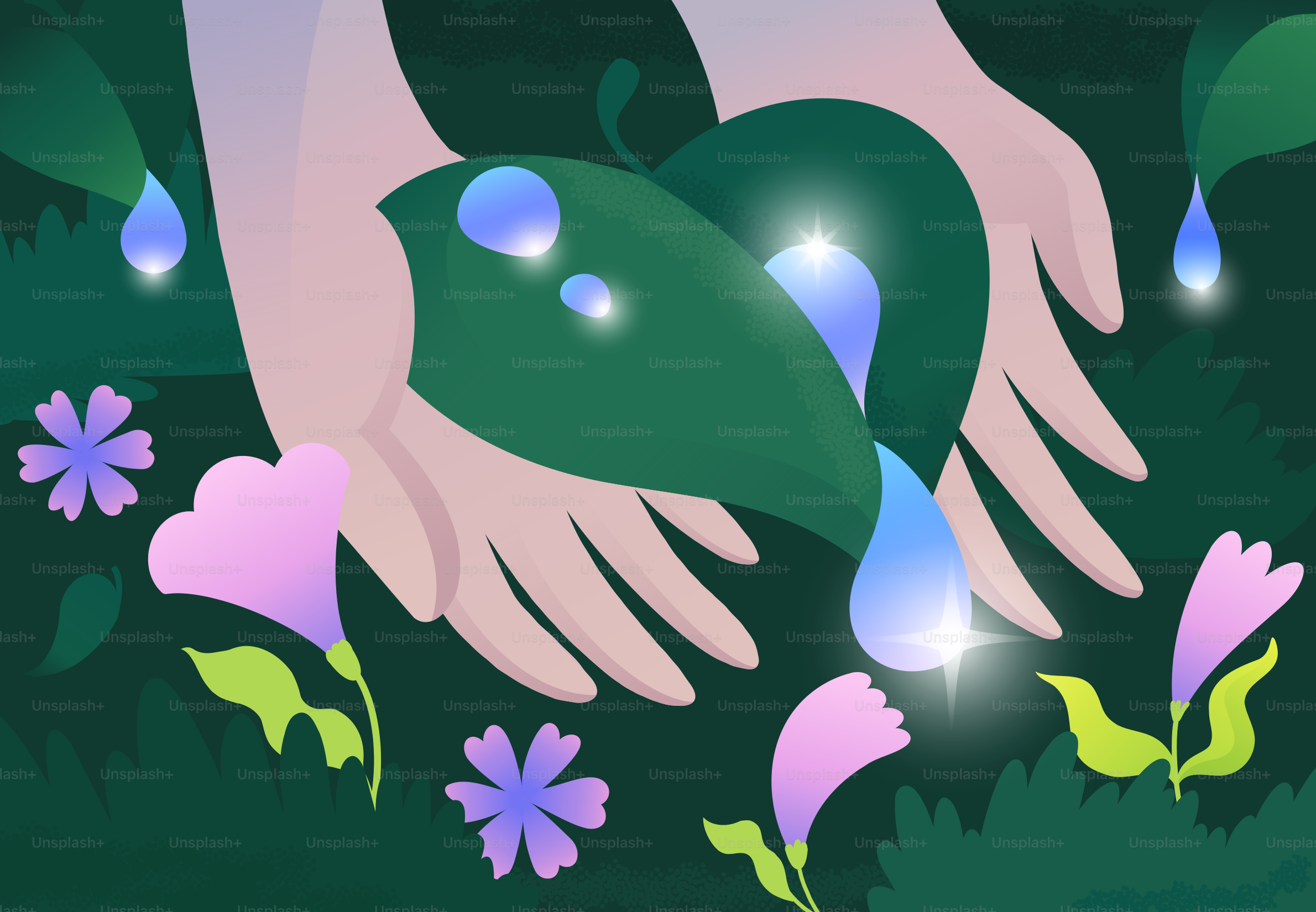 Hände, die Blätter mit Wassertropfen und Blüten umschließen