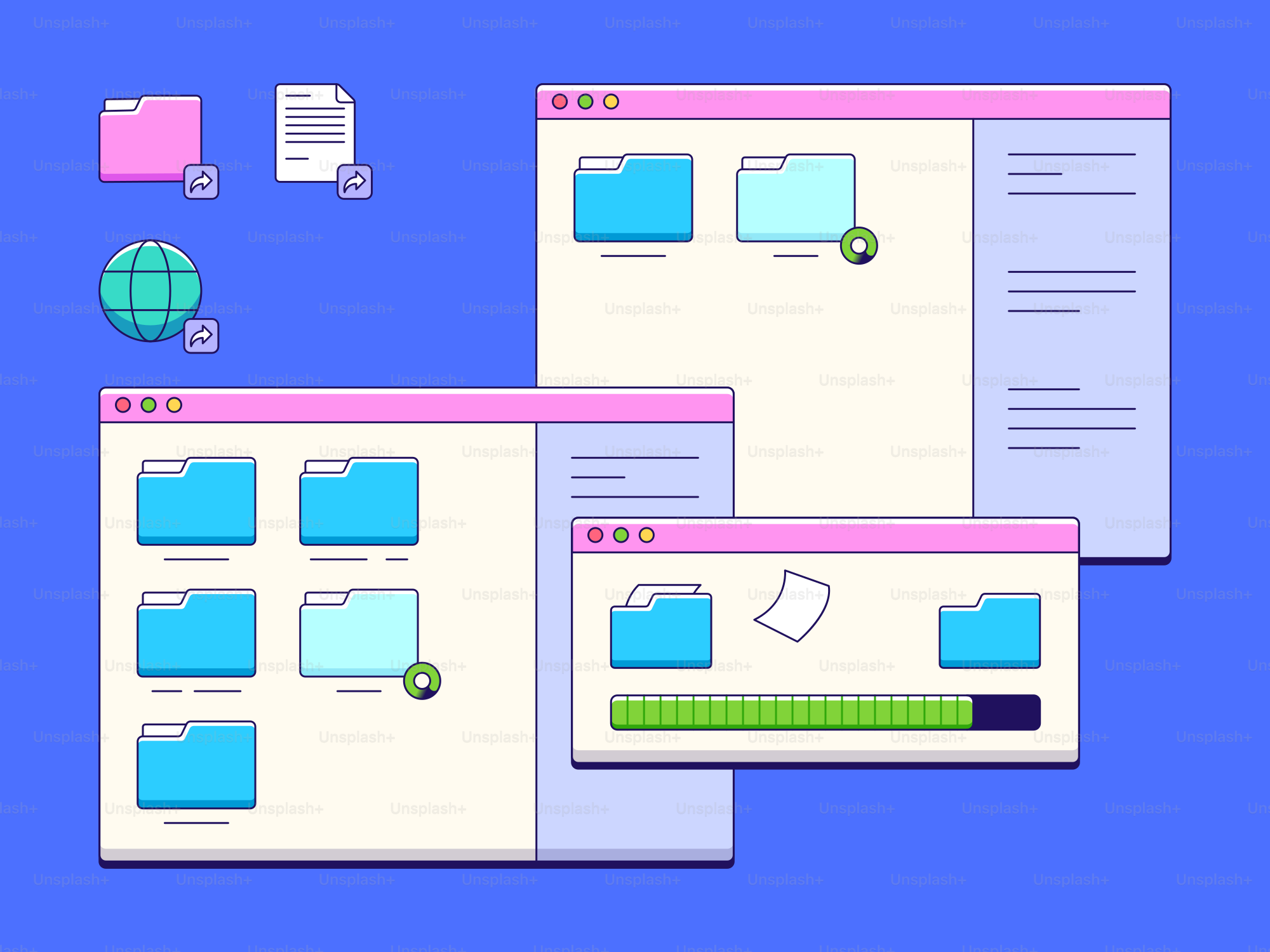 Desktop komputer retro dengan folder dan file.