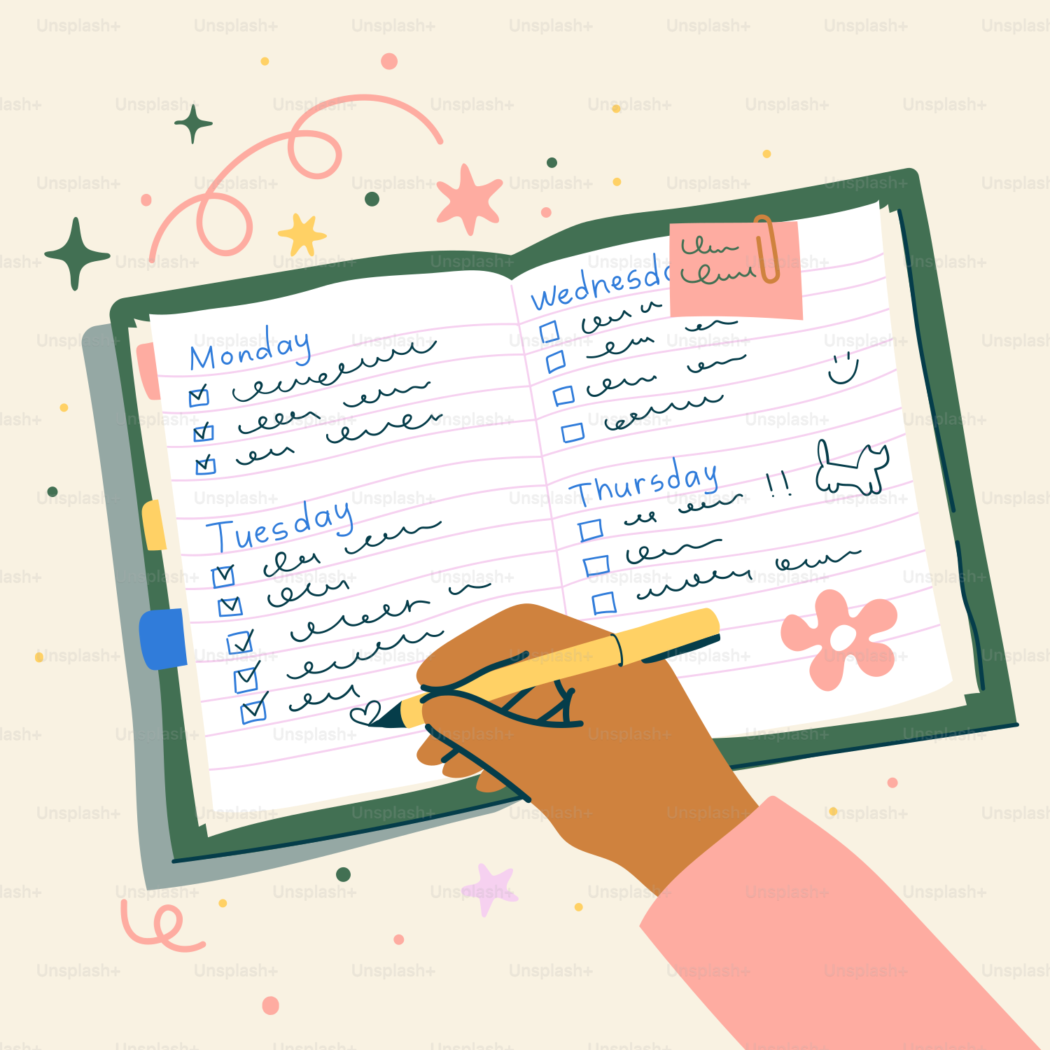 Écriture manuscrite dans un agenda quotidien avec des coches