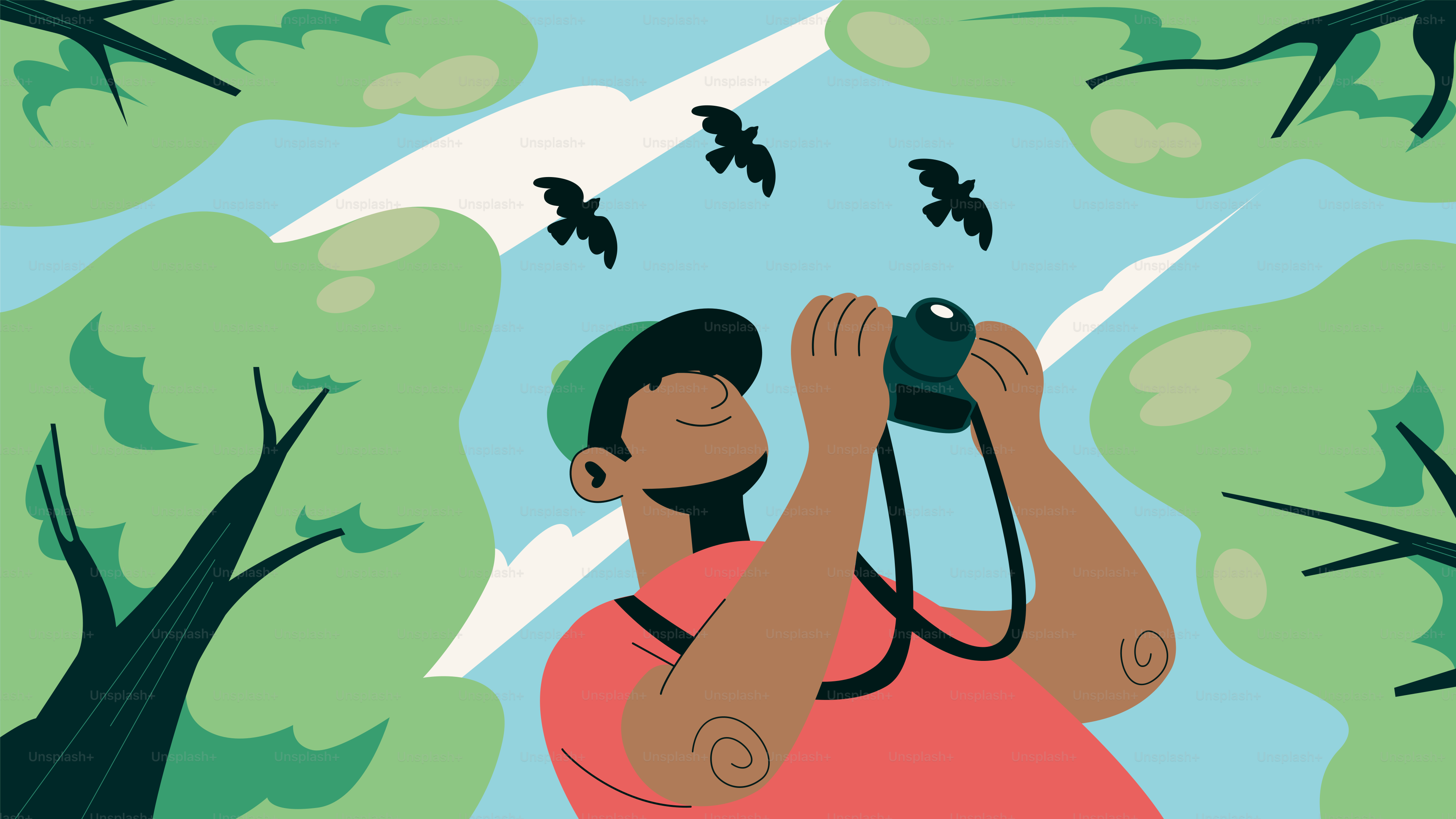 Manusia melihat burung melalui teropong di hutan