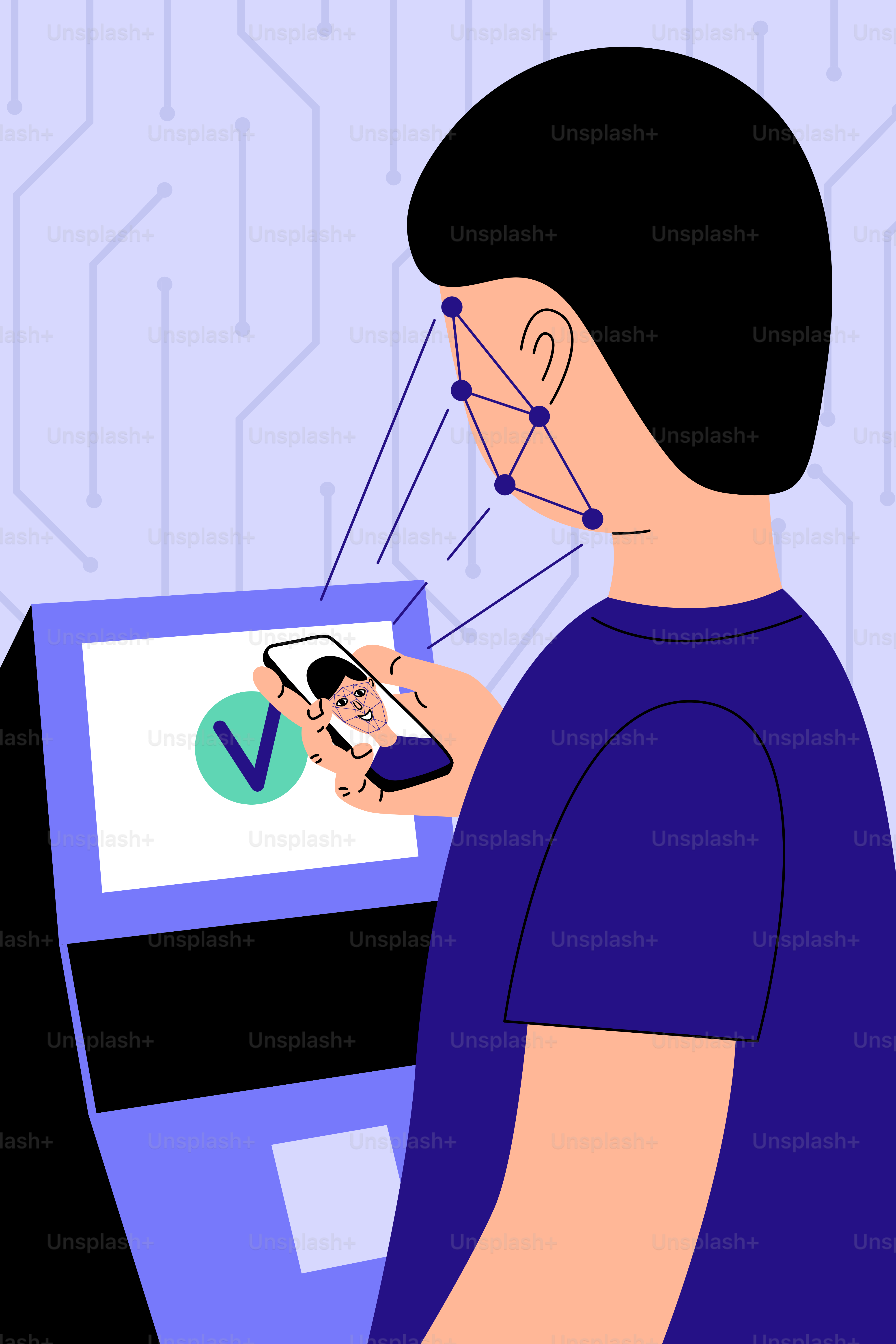 Pria menggunakan telepon untuk pengenalan wajah di kios.